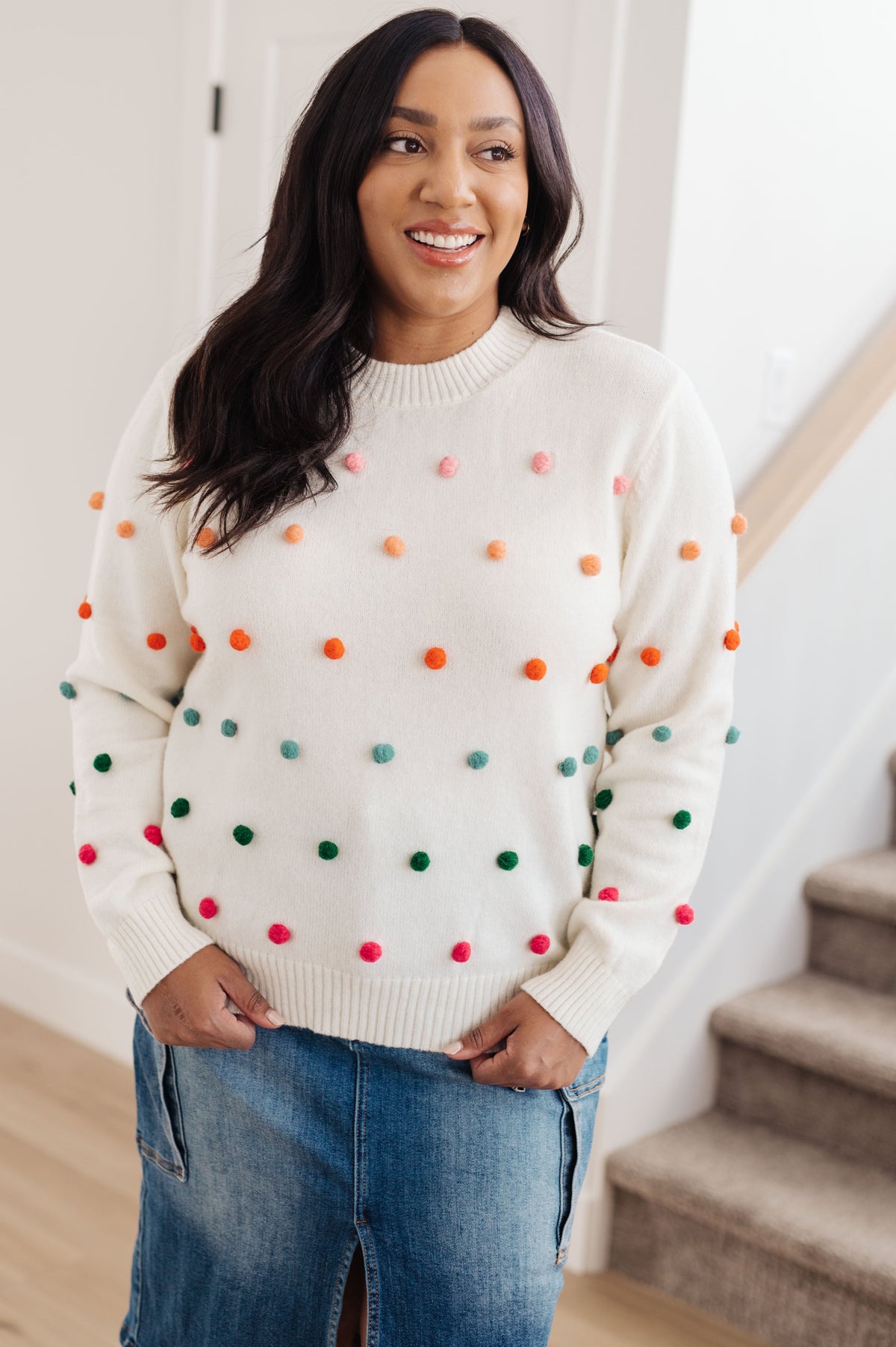 Jodifl Candy Buttons Pom Detail Ivory Sweater 3XL Shirts & Tops