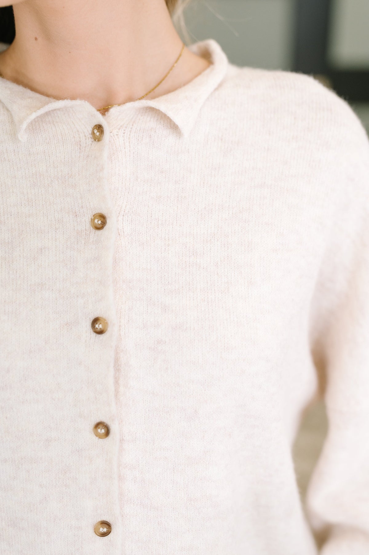 Zenana Careful Consideration Collared Button Down in Heathered Beige Tops
