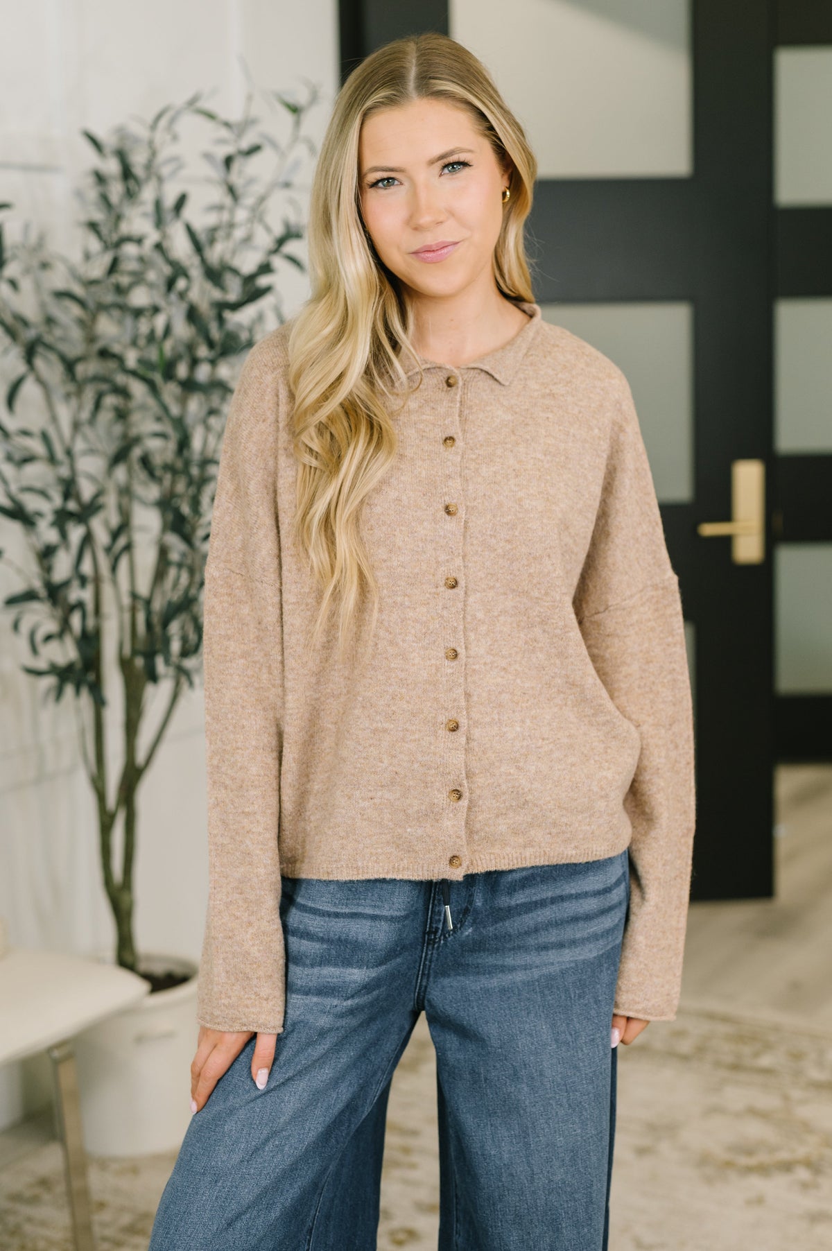 Zenana Careful Consideration Collared Button Down in Mocha Large Tops