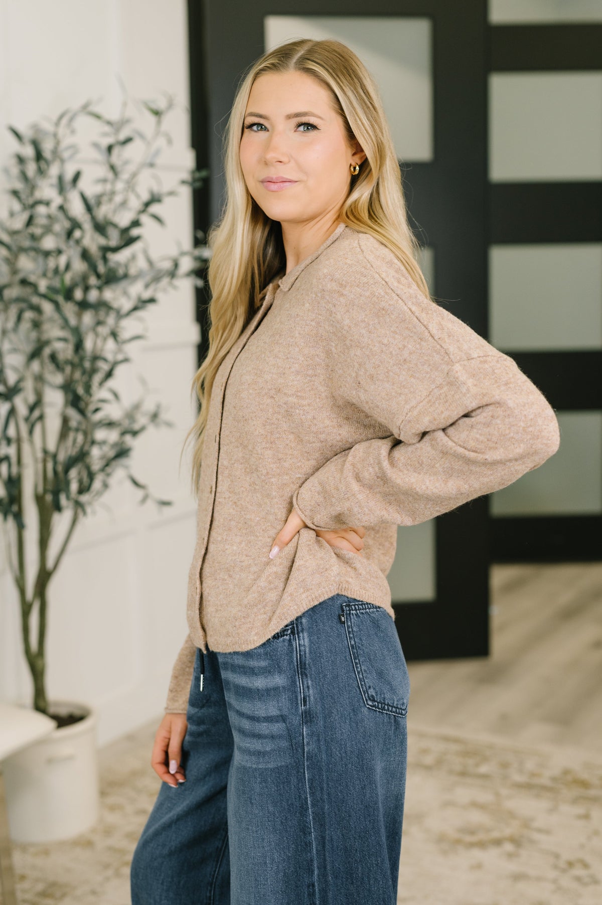 Zenana Careful Consideration Collared Button Down in Mocha Tops