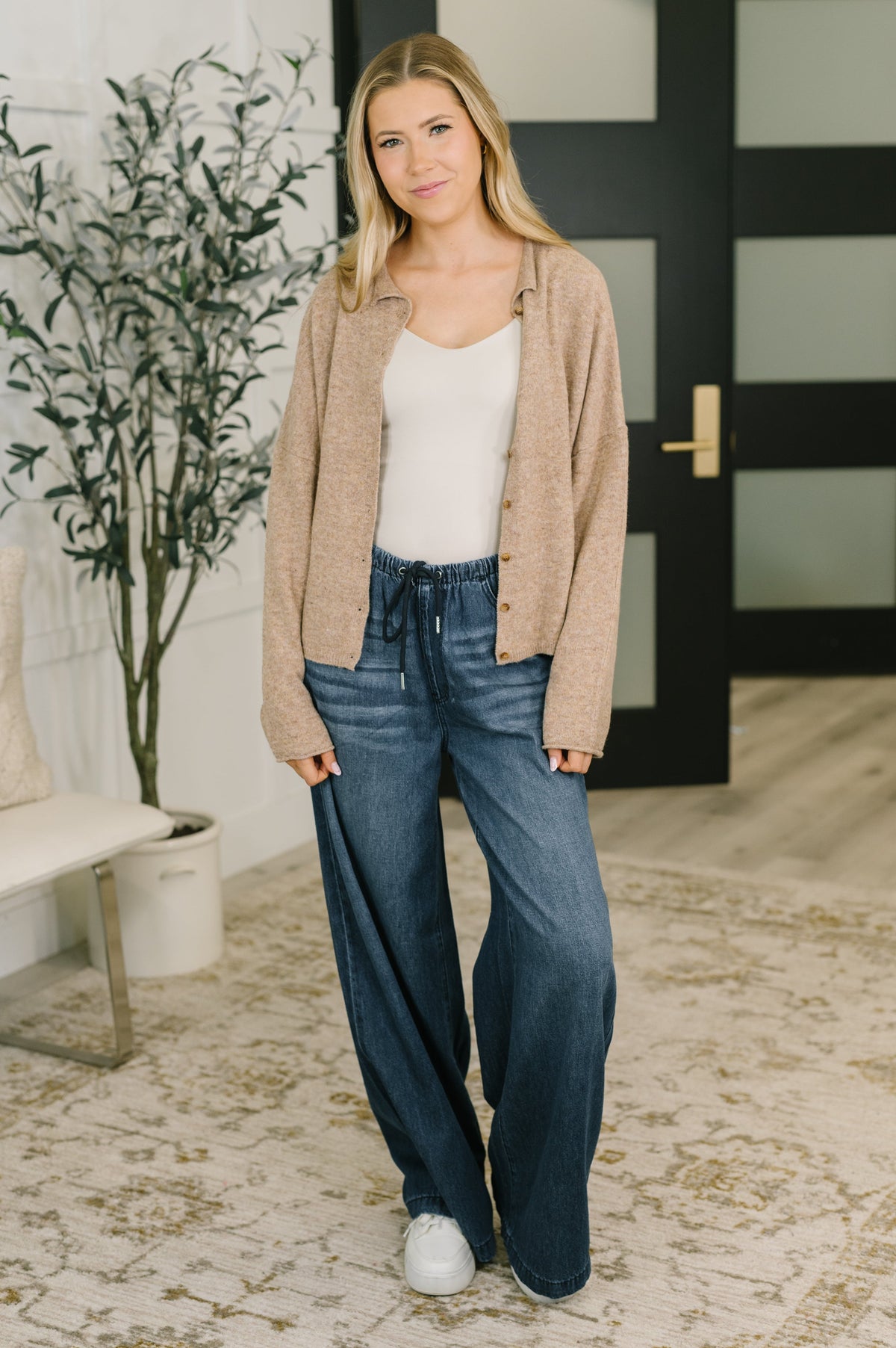 Zenana Careful Consideration Collared Button Down in Mocha Tops