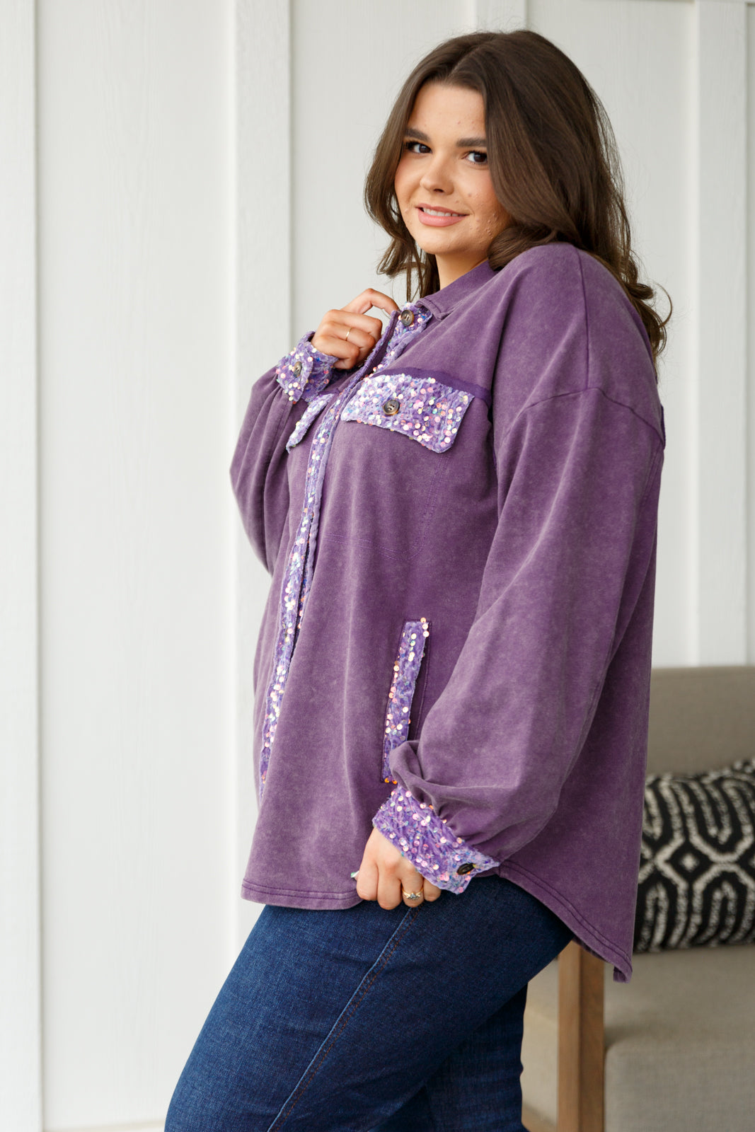White Birch Chaos of Sequins Shacket in Purple Shirts & Tops