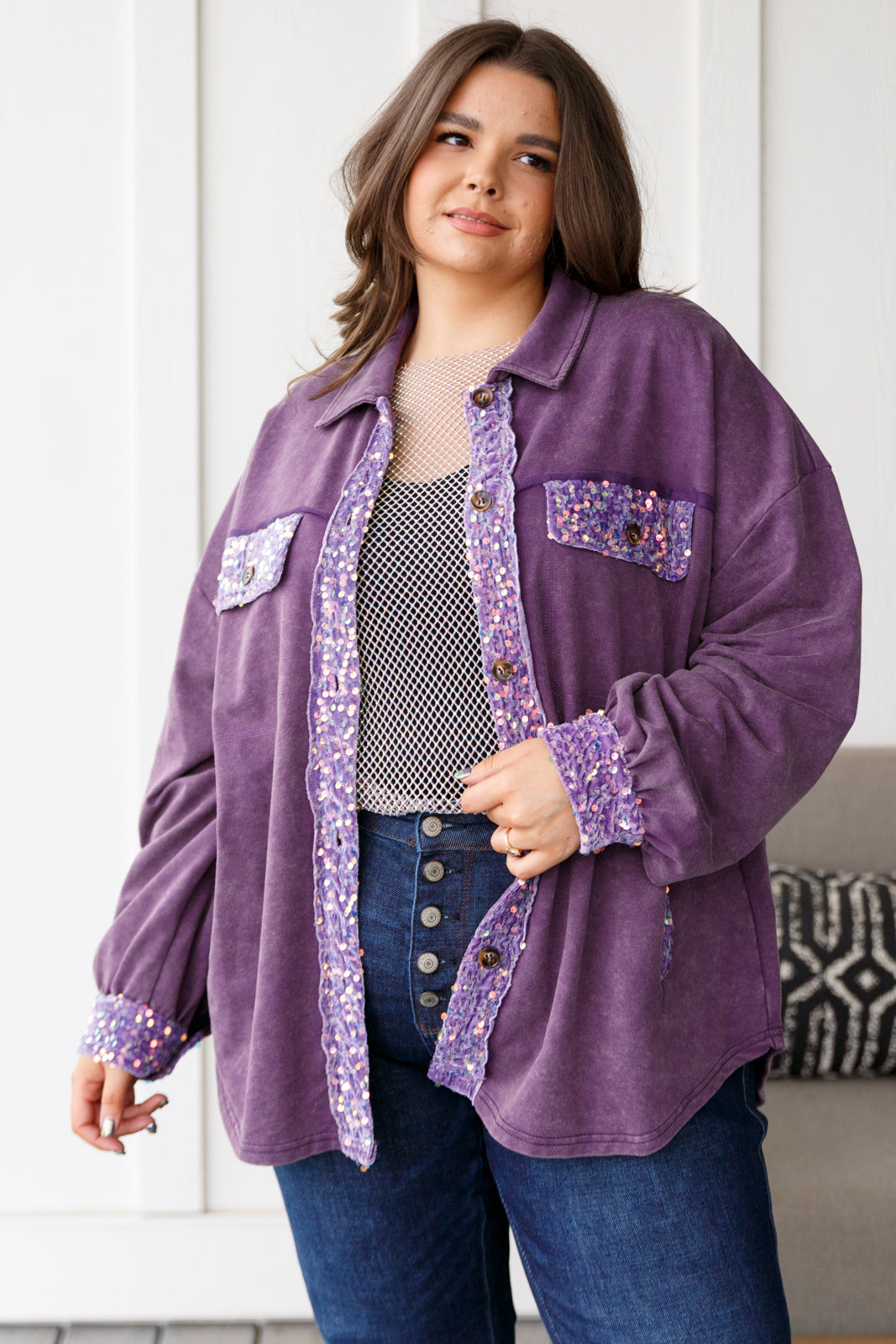 White Birch Chaos of Sequins Shacket in Purple Shirts & Tops