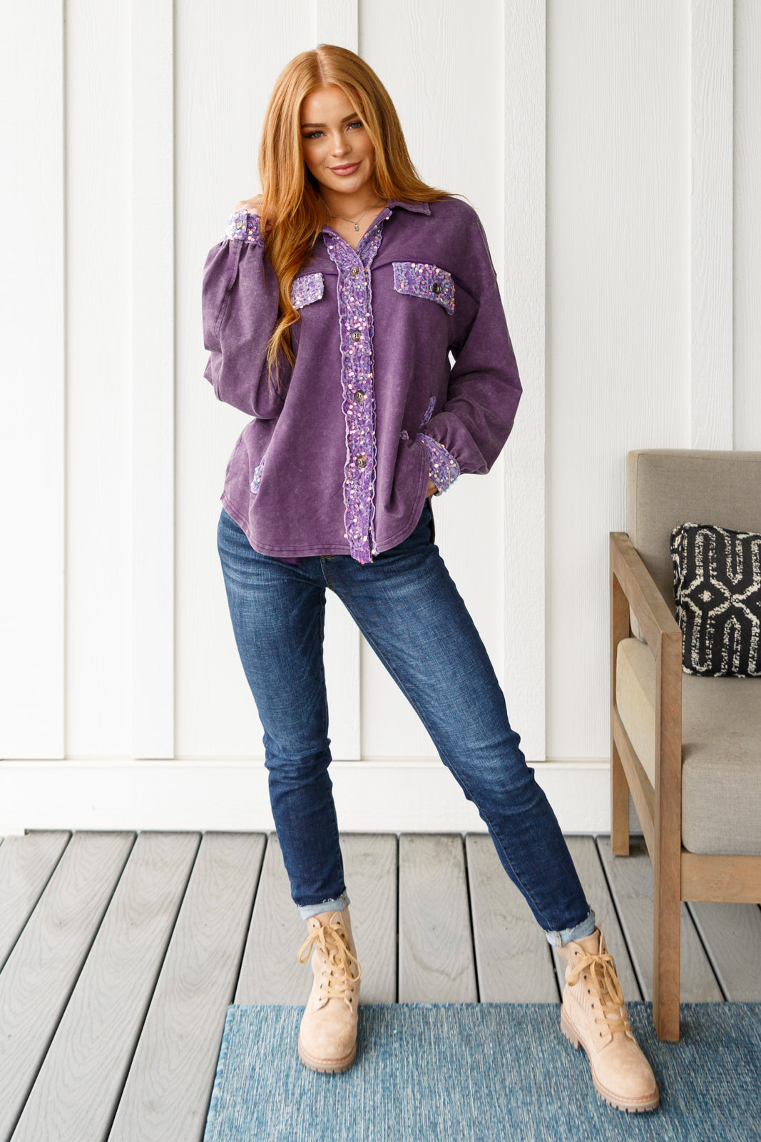 White Birch Chaos of Sequins Shacket in Purple Shirts & Tops
