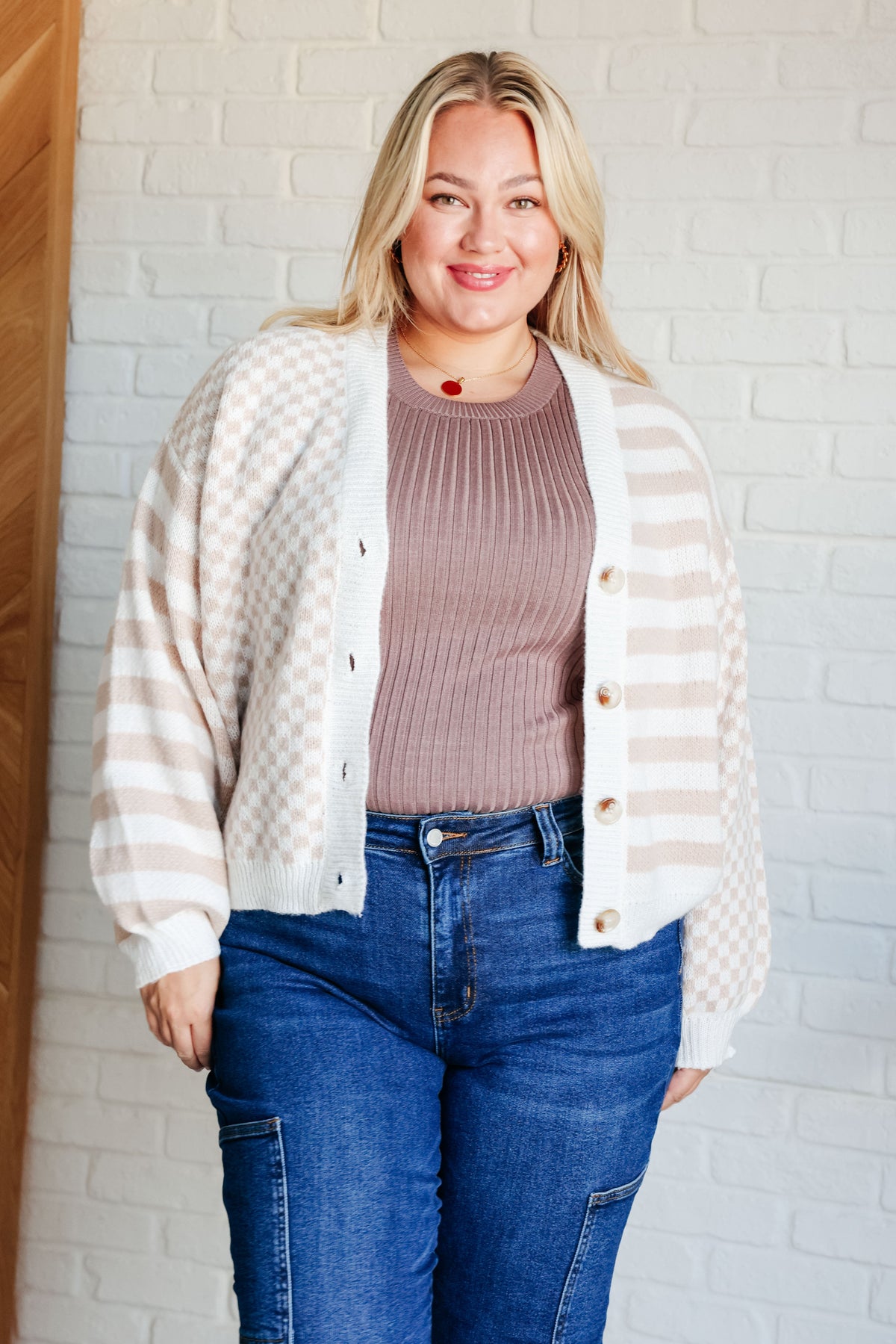 BiBi Check That Line Neutral Checkered and Stripped Cardigan Layers