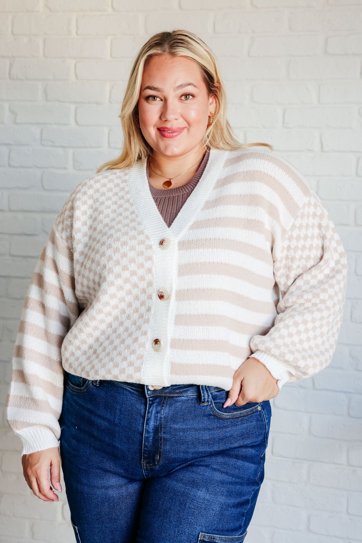 BiBi Check That Line Neutral Checkered and Stripped Cardigan Layers