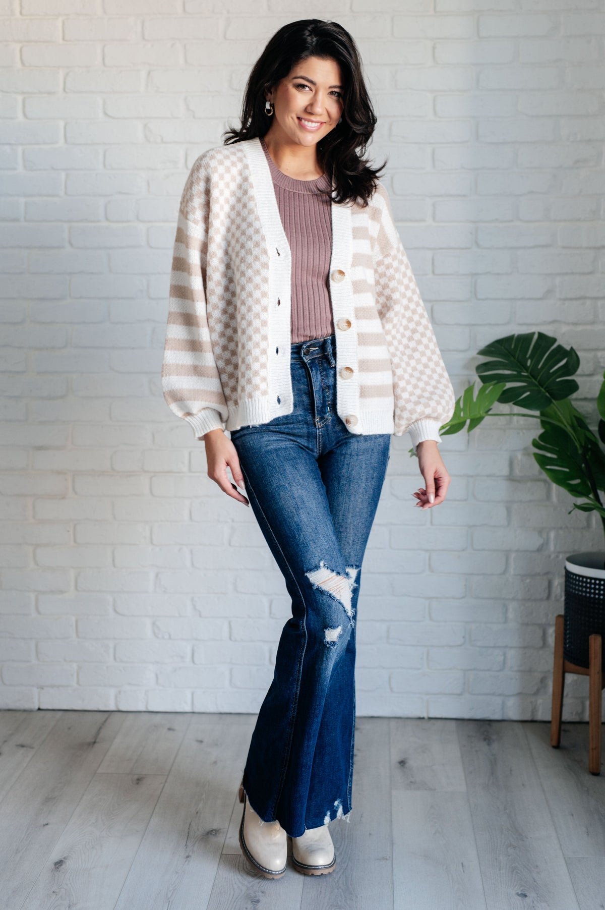 BiBi Check That Line Neutral Checkered and Stripped Cardigan Layers
