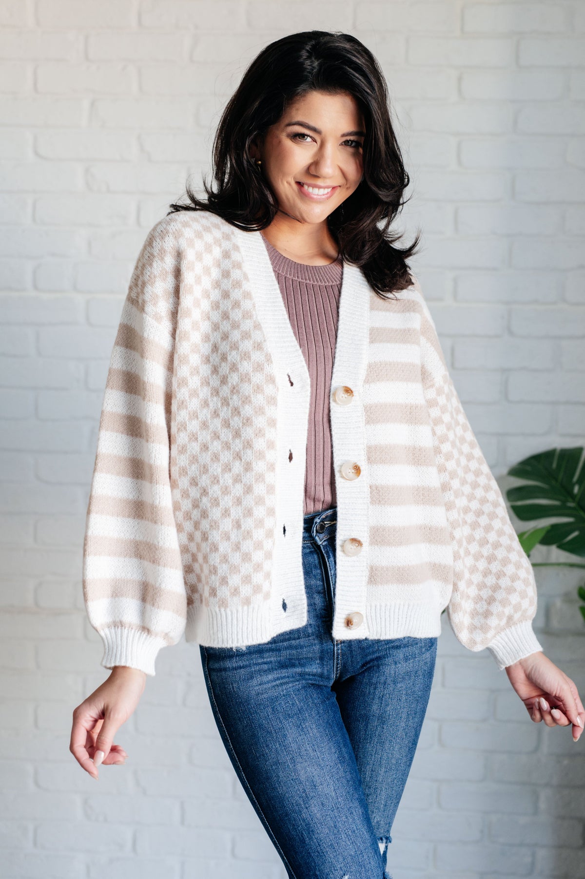 BiBi Check That Line Neutral Checkered and Stripped Cardigan Layers