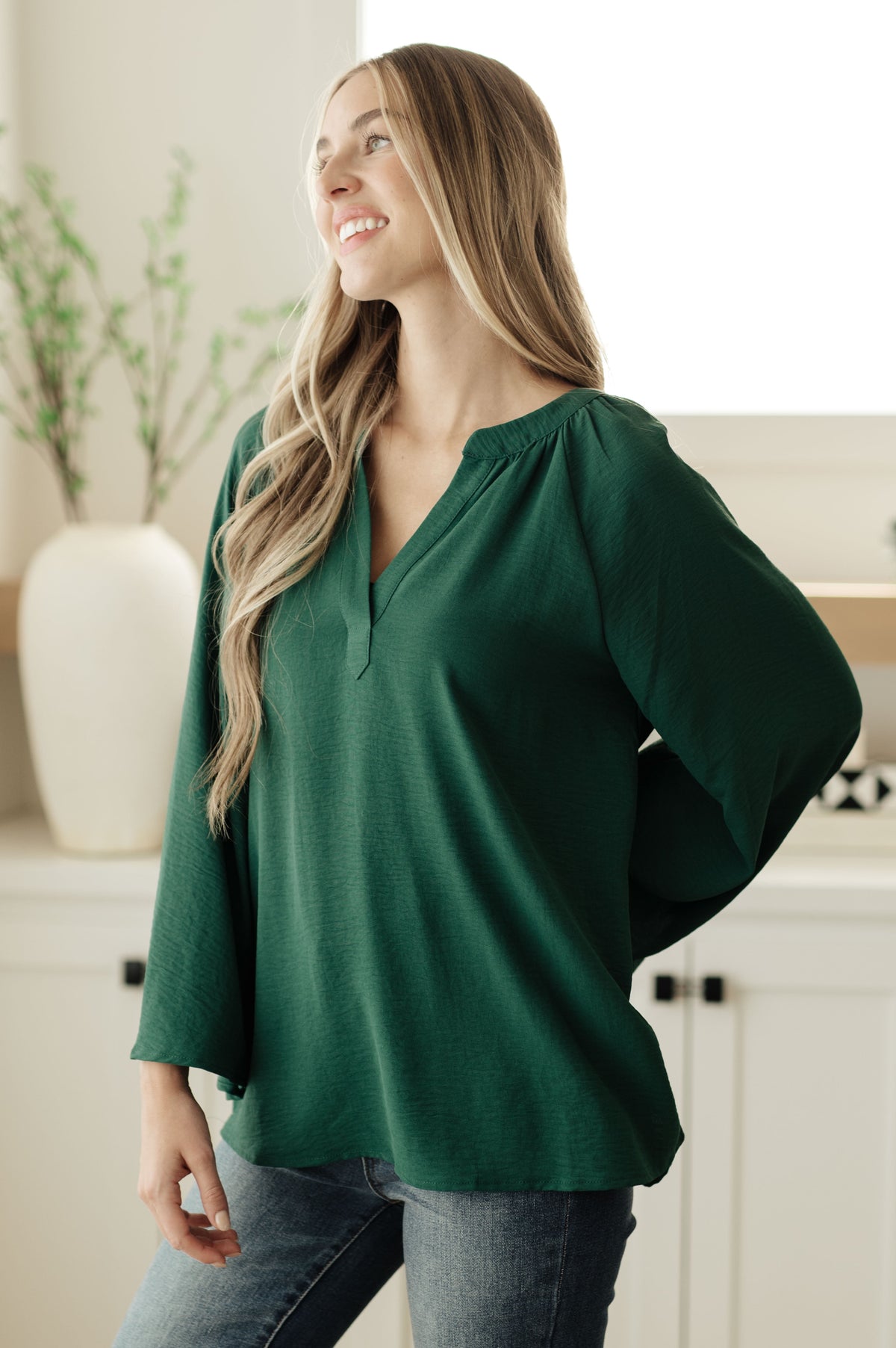 Jodifl Climb On V-Neck Blouse in Dark Green Blouses