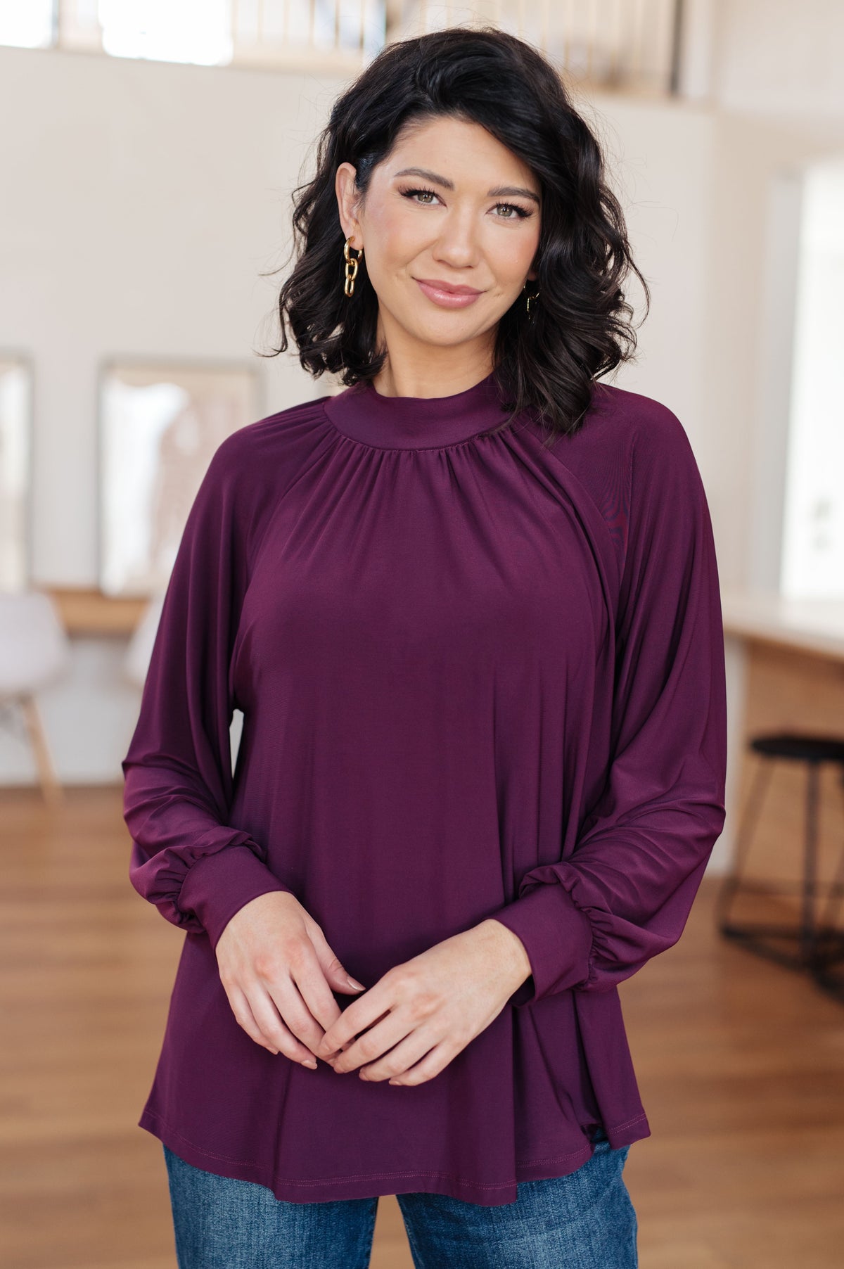 White Birch Closing Time Mock Neck Blouse in Plum Tops