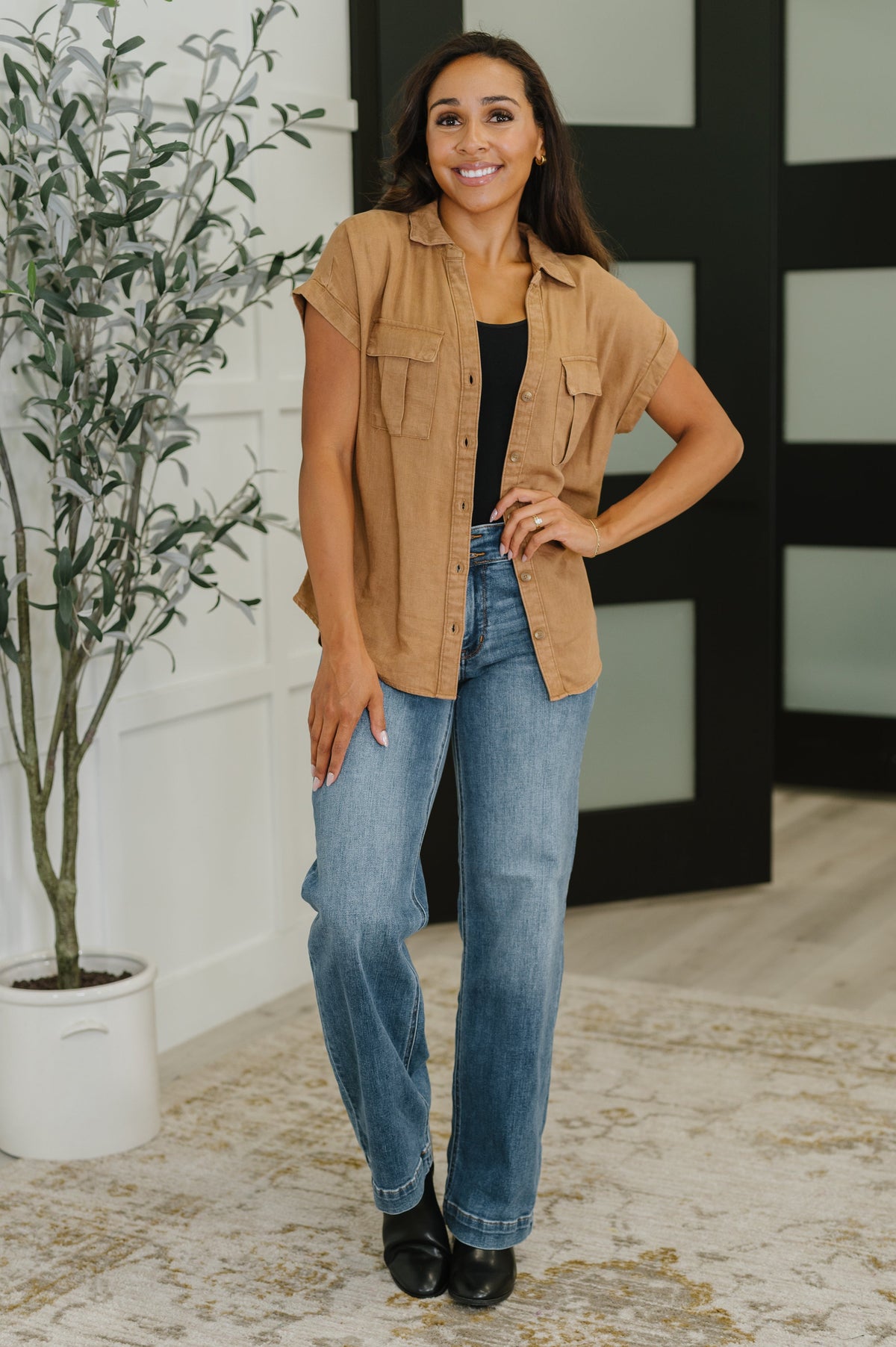 Zenana Cloud Nine to Five Button Down Blouse in Deep Camel Womens