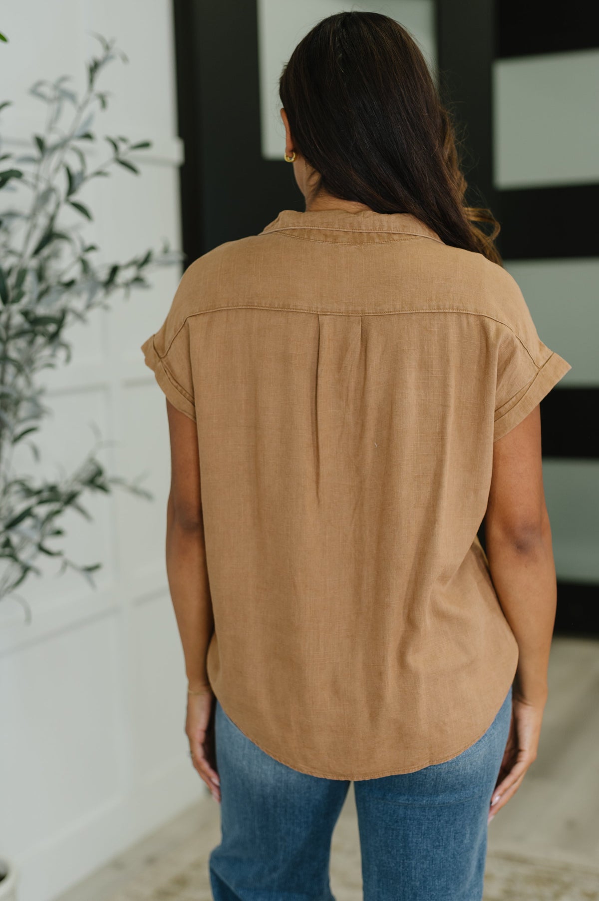 Zenana Cloud Nine to Five Button Down Blouse in Deep Camel Womens