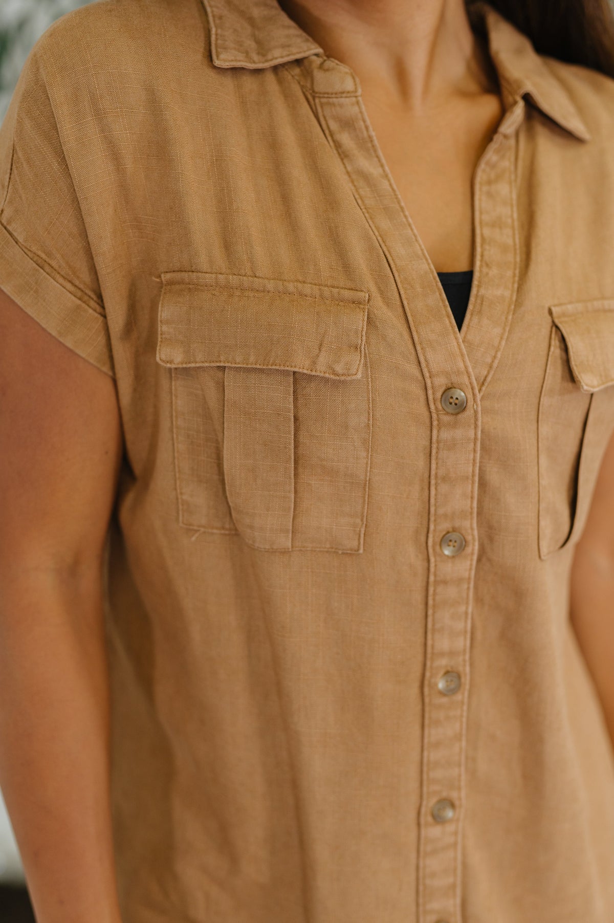 Zenana Cloud Nine to Five Button Down Blouse in Deep Camel Womens