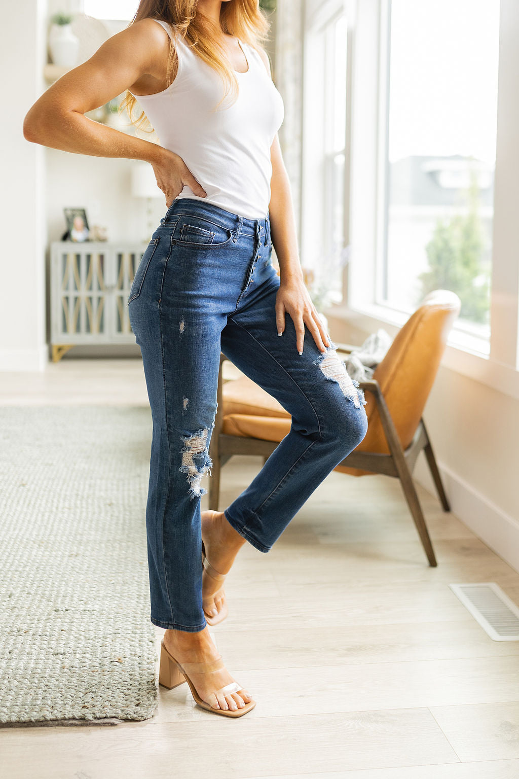 Judy Blue Colt High Rise Button Fly Distressed Boyfriend Jeans Womens