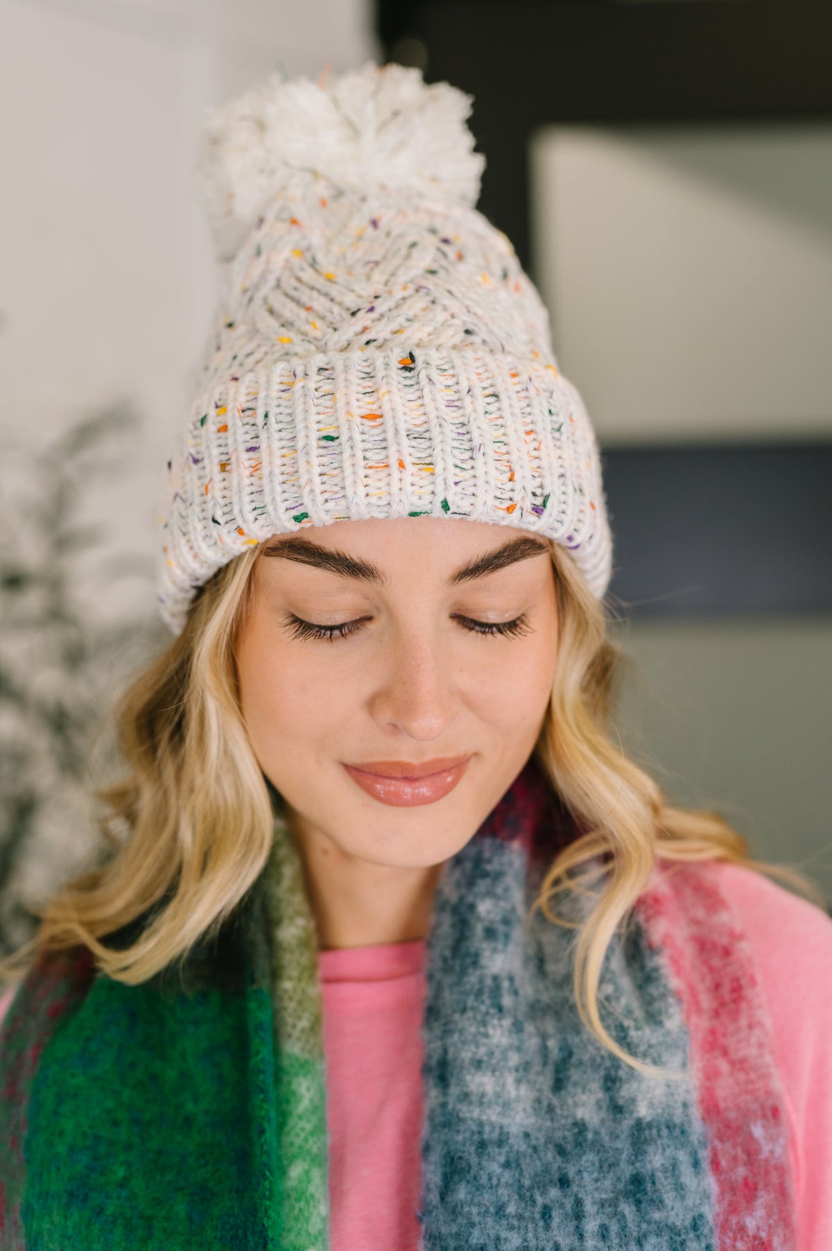 Zenana Cover Your Ears Pom Pom Beanie in Ivory Womens