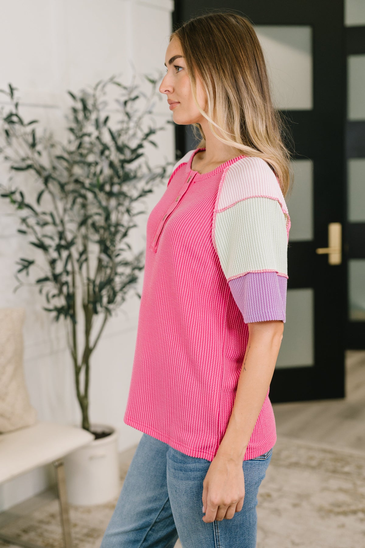 One Eleven North Cozy Collage Color Block Henley Top Tops