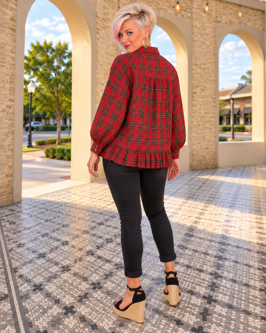 Haptics Ruffle the Rules Plaid Flannel Top in Red Tops