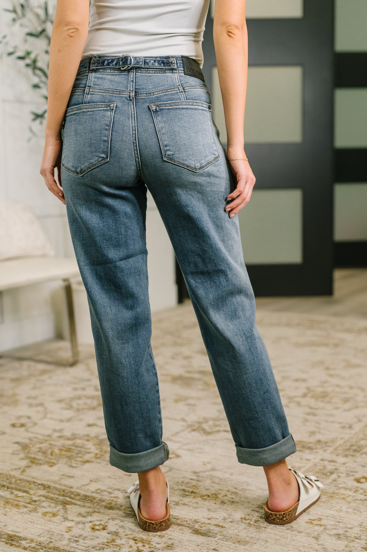 Judy Blue Doris Mid Rise Boyfriend with Adjustable Back Tab + Hollywood WB Womens