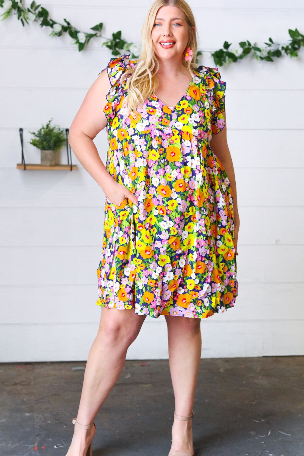 Haptics Indigo & Lemon Floral Babydoll Ruffle Dress Final Sale