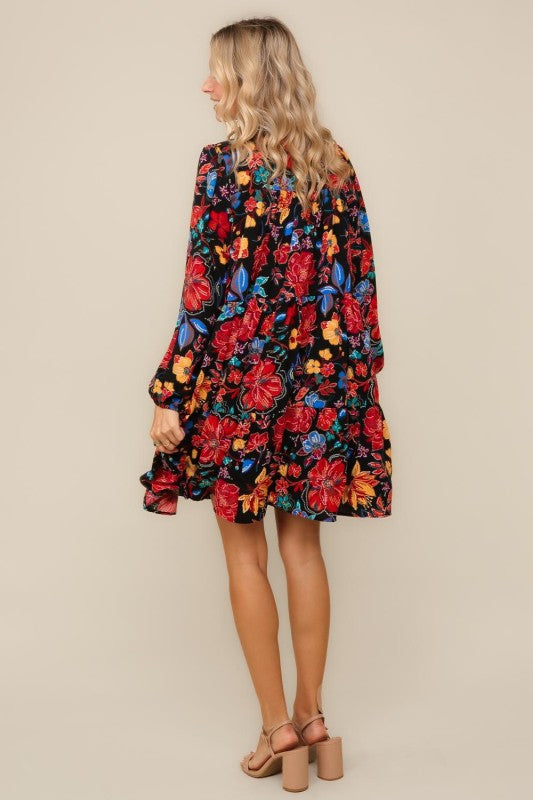 Haptics Bold Blooms Long Sleeve Tiered Mini Dress Dresses