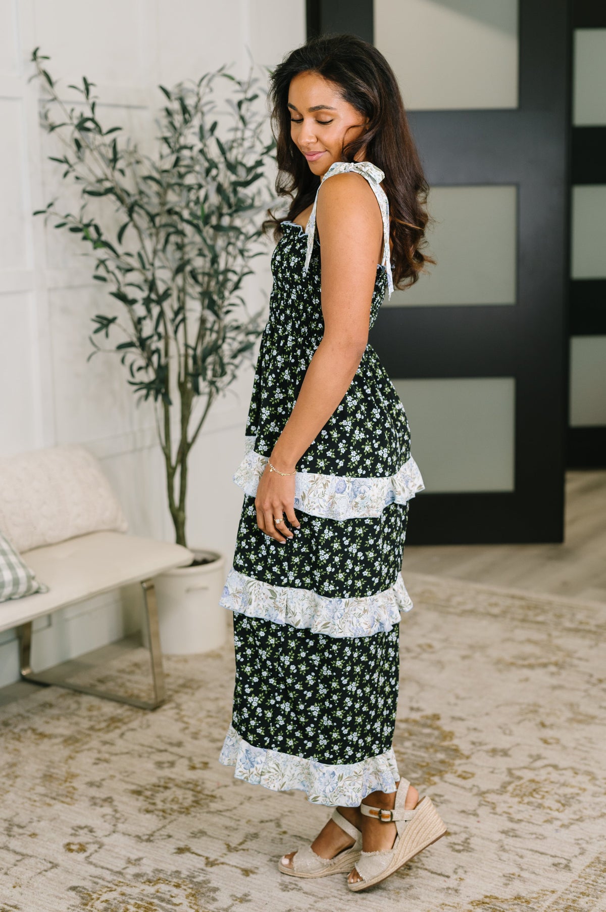 Haptics Elegant Edge Tiered Maxi Dress in Navy Dresses