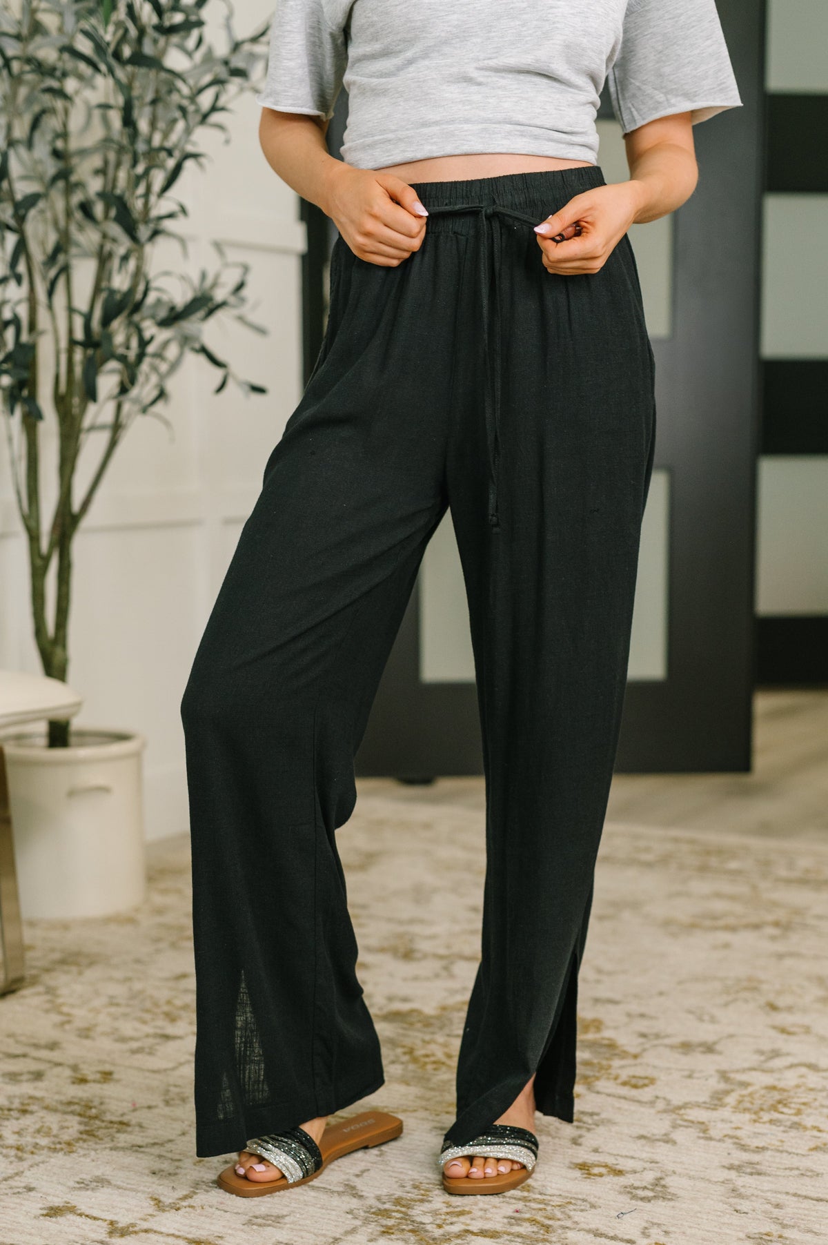 Zenana Essential Feeling Straight Leg Lounge Pants in Light in Black Pants