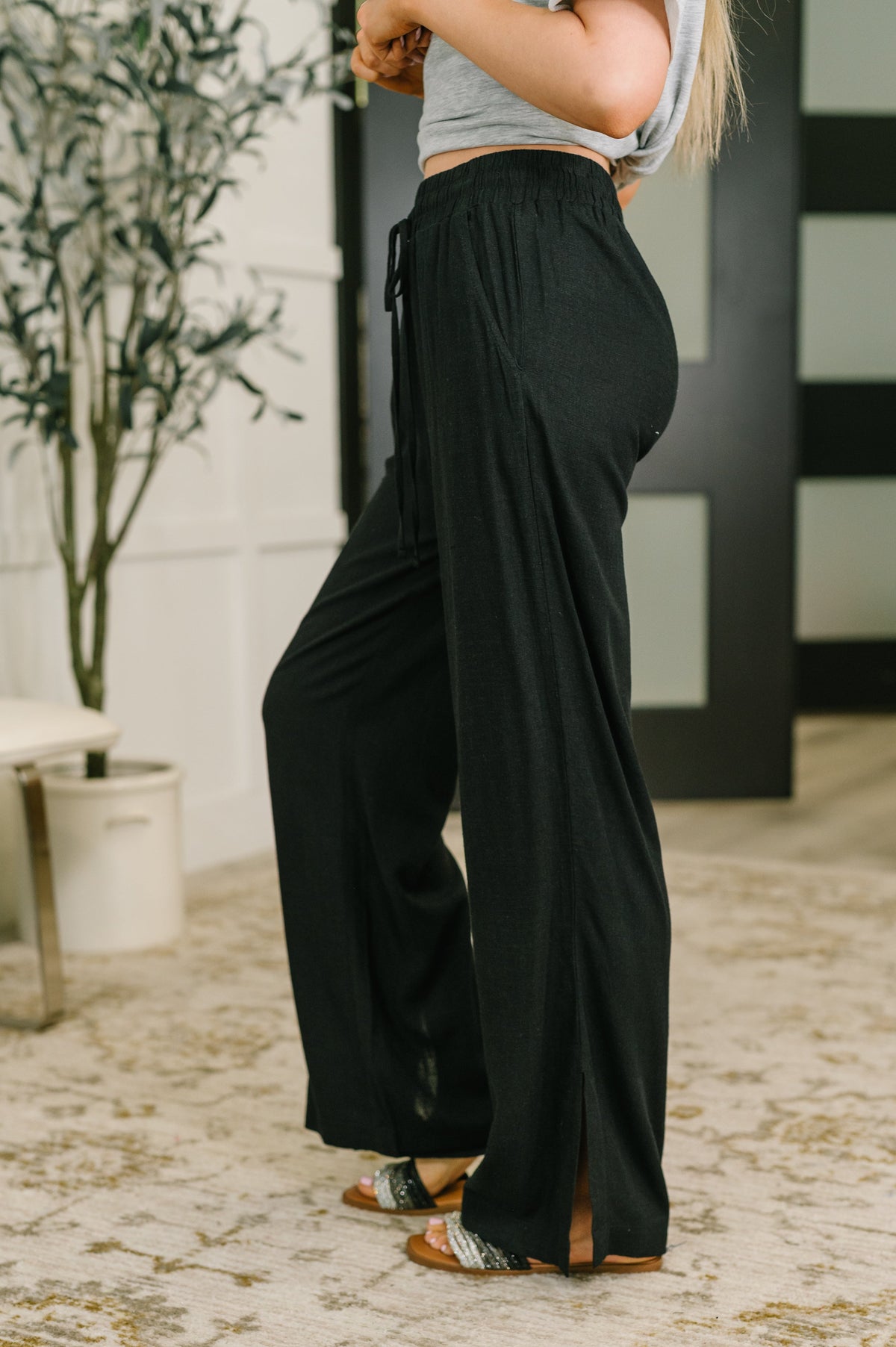 Zenana Essential Feeling Straight Leg Lounge Pants in Light in Black Pants