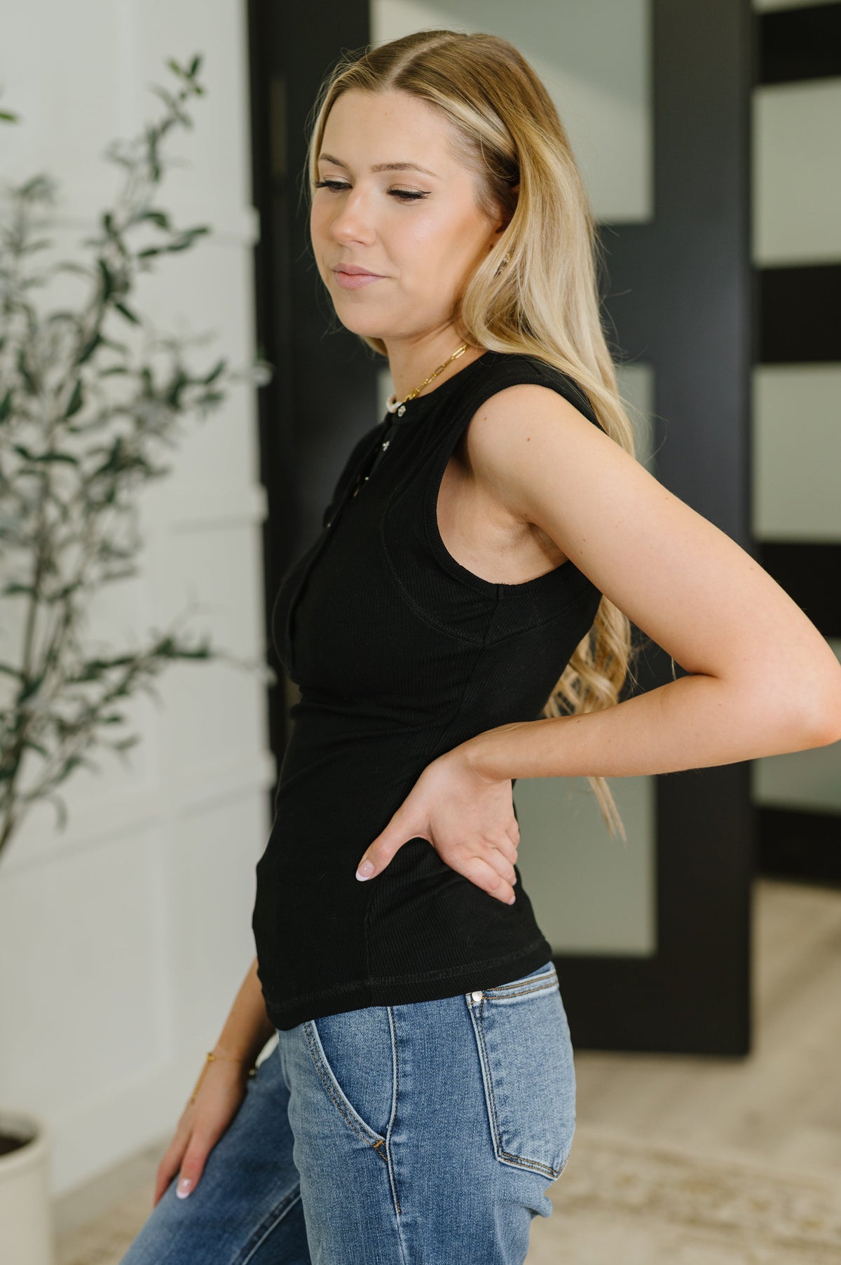 Mono B Everyday Edge Knit Henley Tank in Black Womens