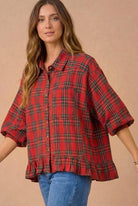 Haptics Ruffle the Rules Plaid Flannel Top in Red Tops