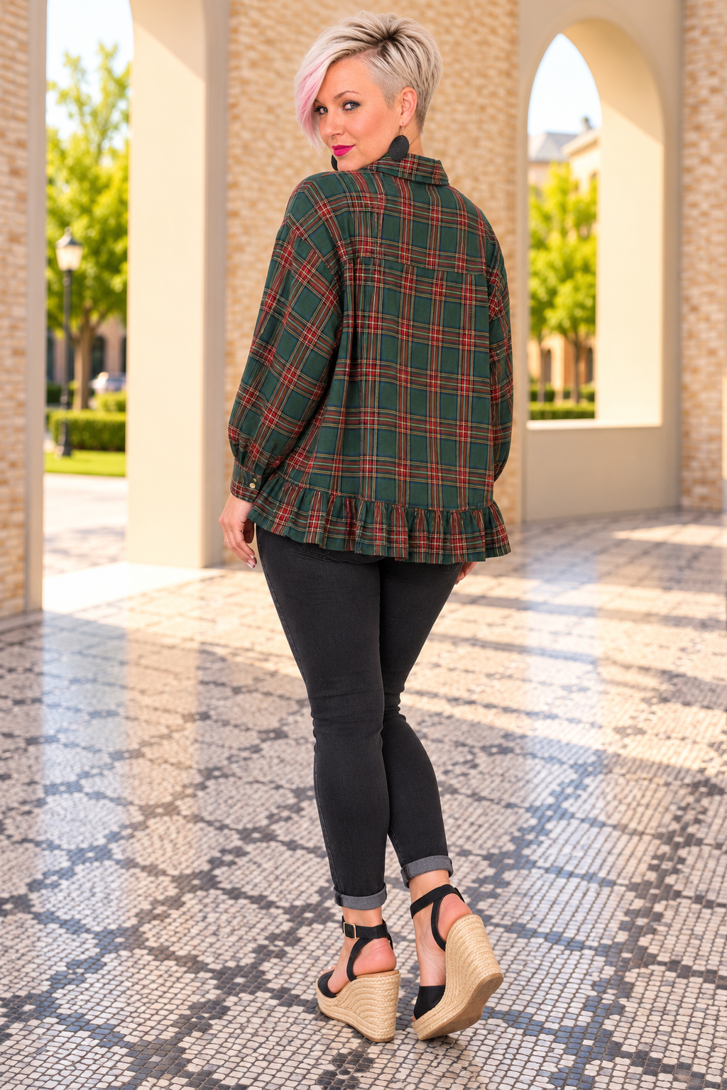 Haptics Ruffle the Rules Plaid Flannel Top in Green Tops