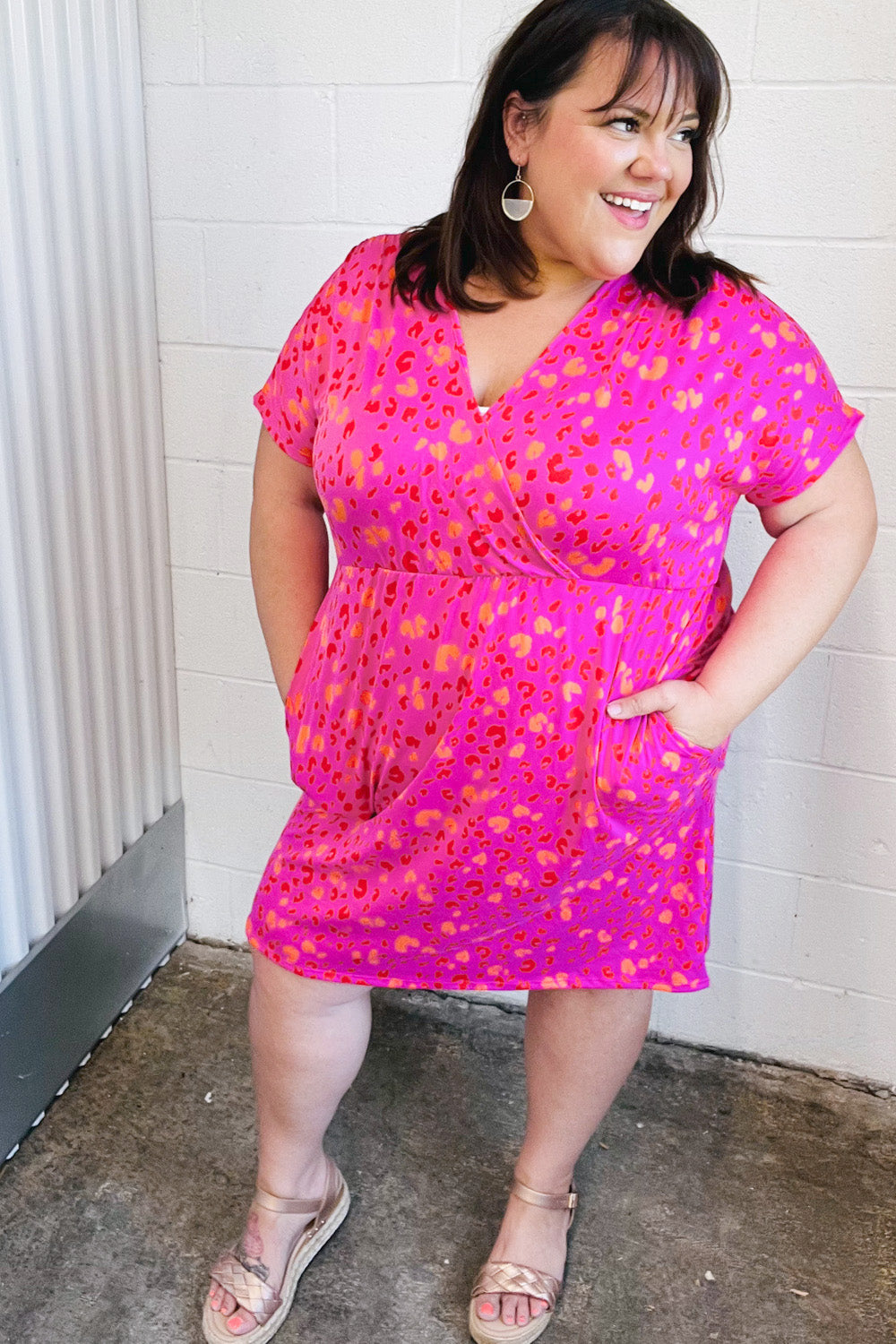 Haptics Rose Leopard Surplice V Neck Pocketed Dress