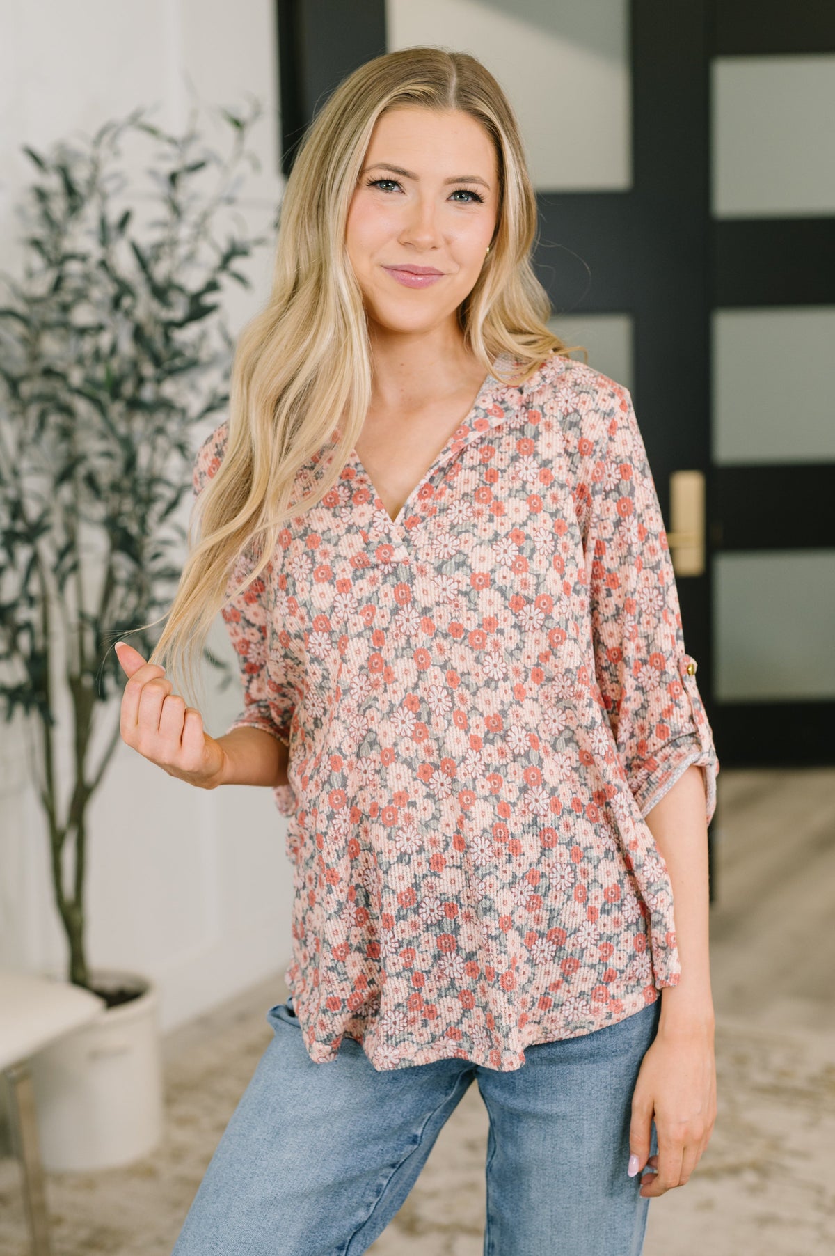 Heimish Favorite Florist Split Neck Half Sleeve Top Tops