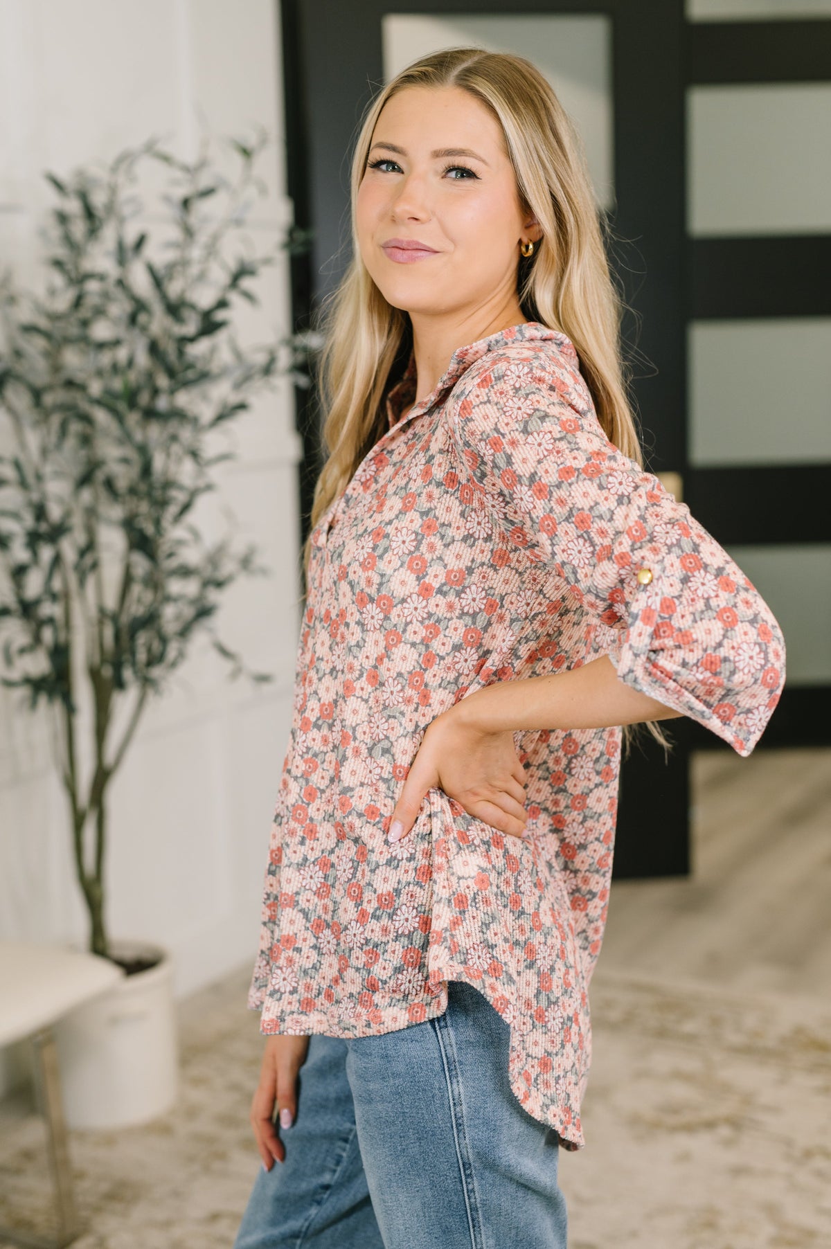 Heimish Favorite Florist Split Neck Half Sleeve Top Tops