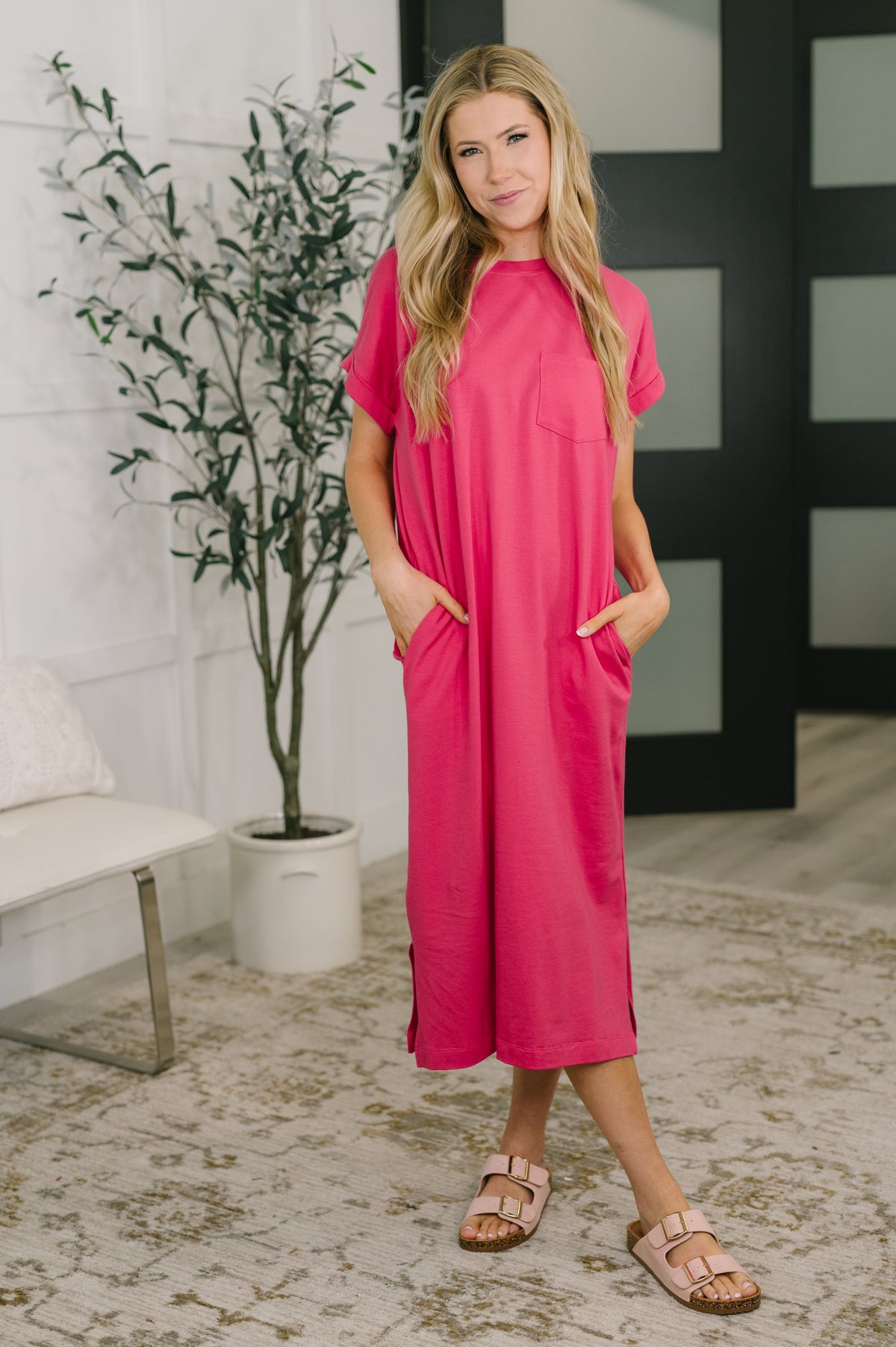 Zenana Fix You Right Up Short Sleeve Midi Dress in Hot Pink Womens