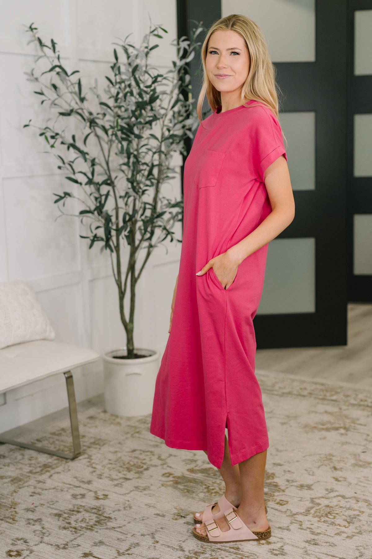Zenana Fix You Right Up Short Sleeve Midi Dress in Hot Pink Womens