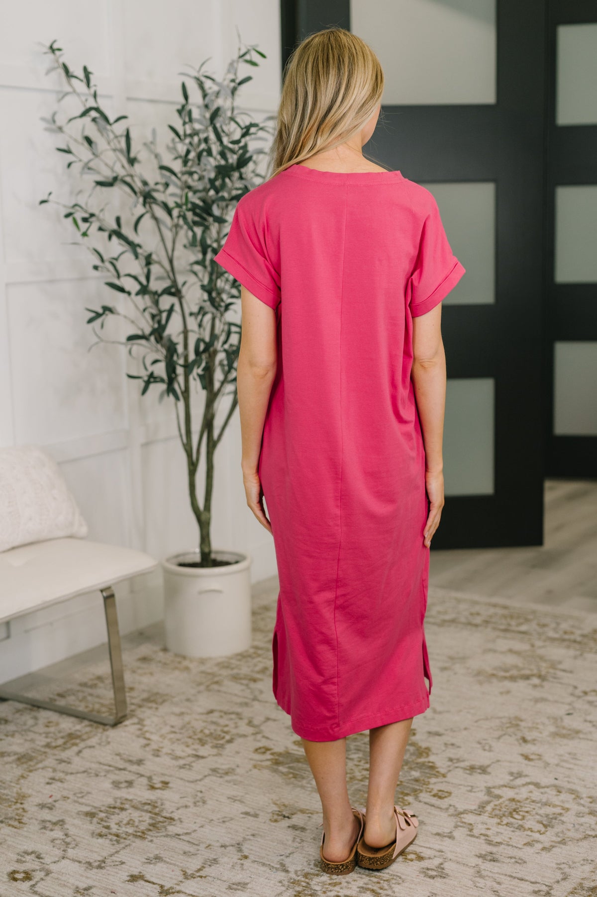 Zenana Fix You Right Up Short Sleeve Midi Dress in Hot Pink Womens