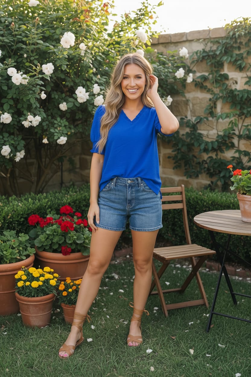 Jodifl Bright Days Blue V-Neck Puff Sleeve Top