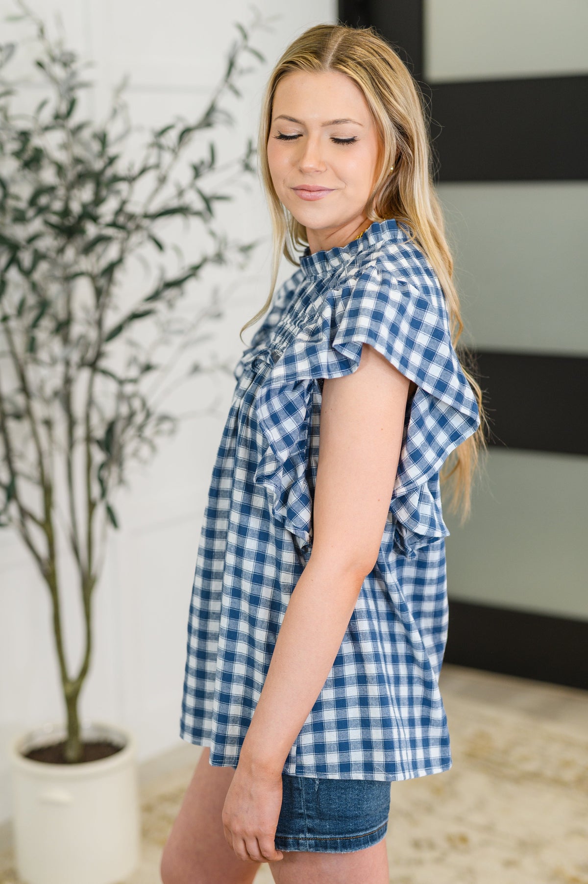 Haptics Garden at Goldenhour Flutter Sleeve Blouse in Blue Womens
