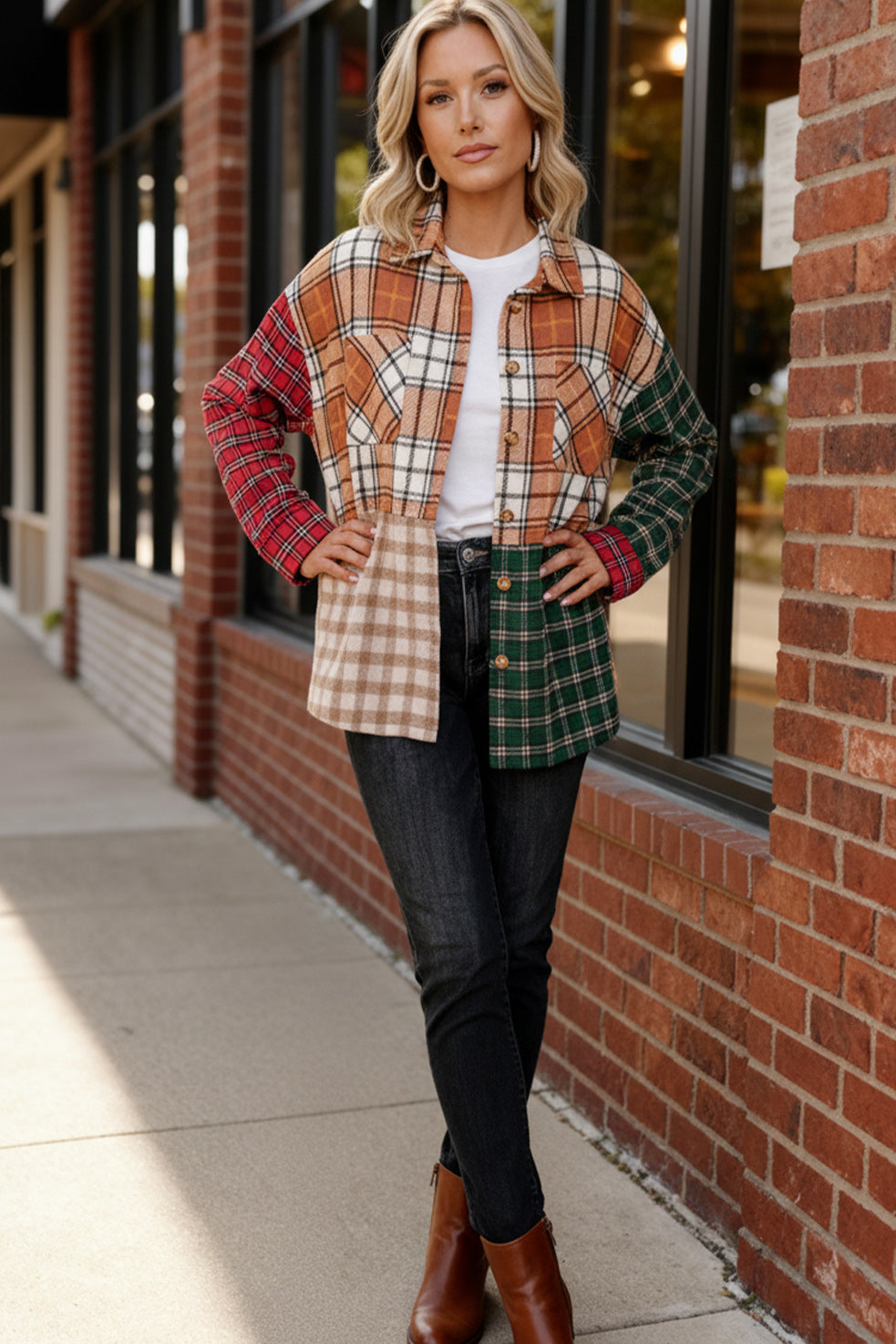 Haptics Loose Fit Multi Color Plaid Flannel Jacket with Pocket
