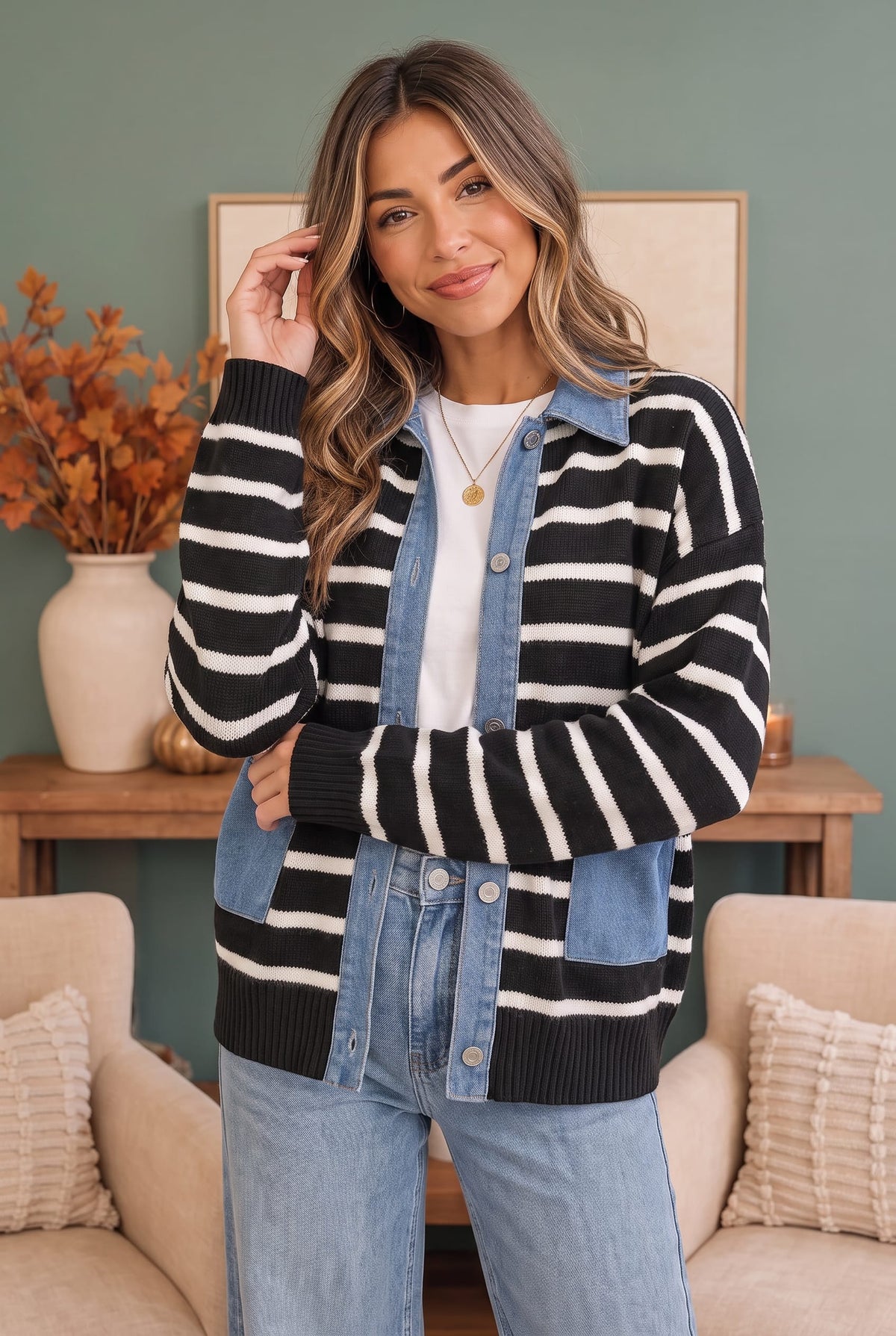 Haptics Not Your Average Jean Jacket in Black and White Jeans