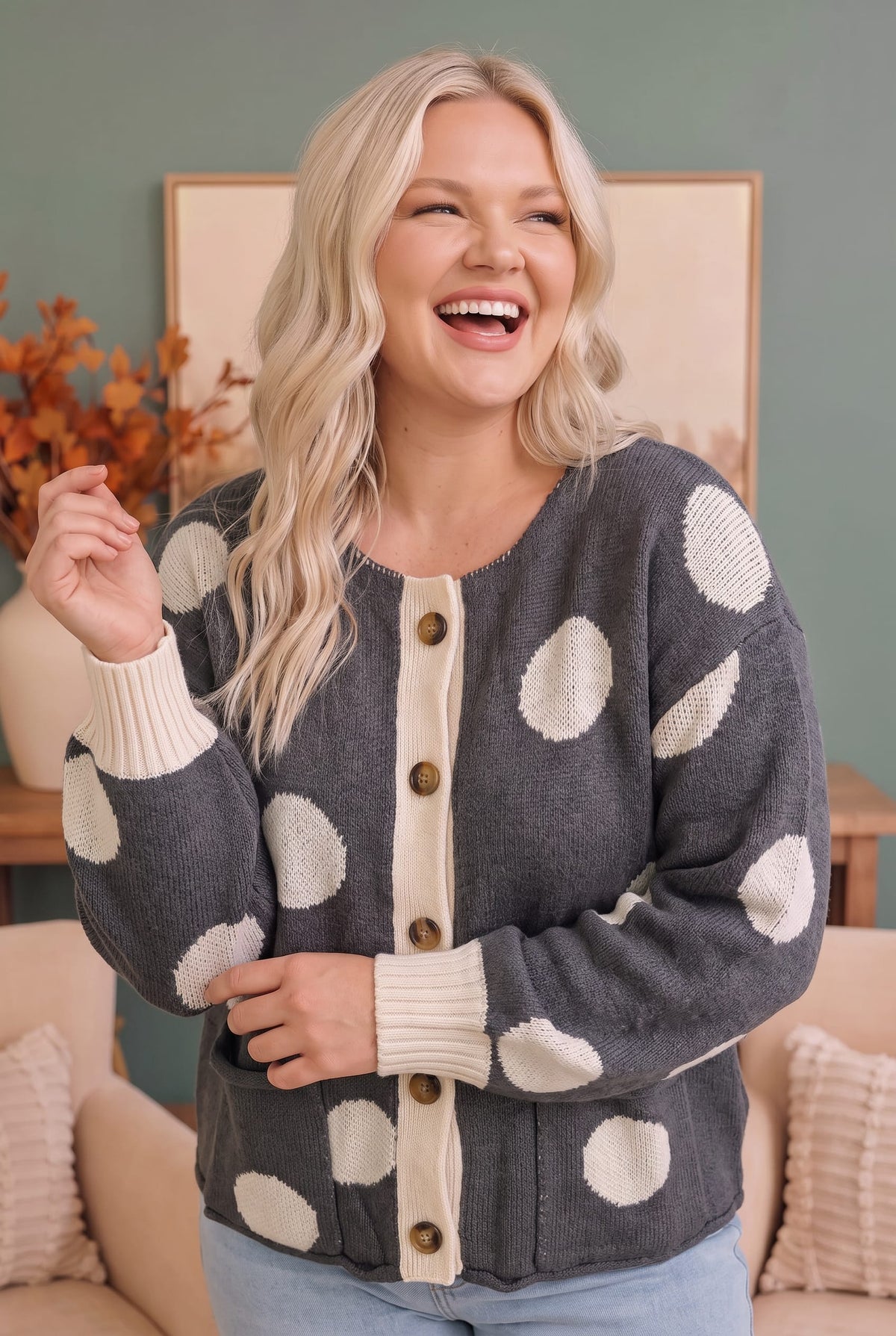 Haptics Dotty For You Charcoal Polka Dot Knit Cardigan Cardigans