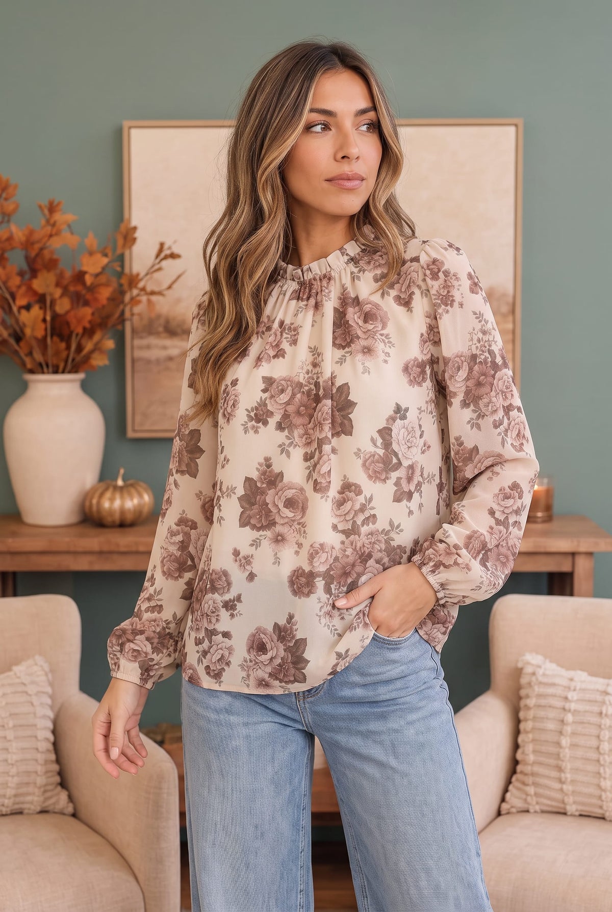 Haptics Vintage Rose Garden Floral Blouse