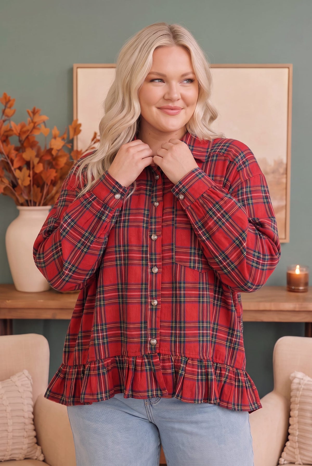 Haptics Ruffle the Rules Plaid Flannel Top in Red Tops