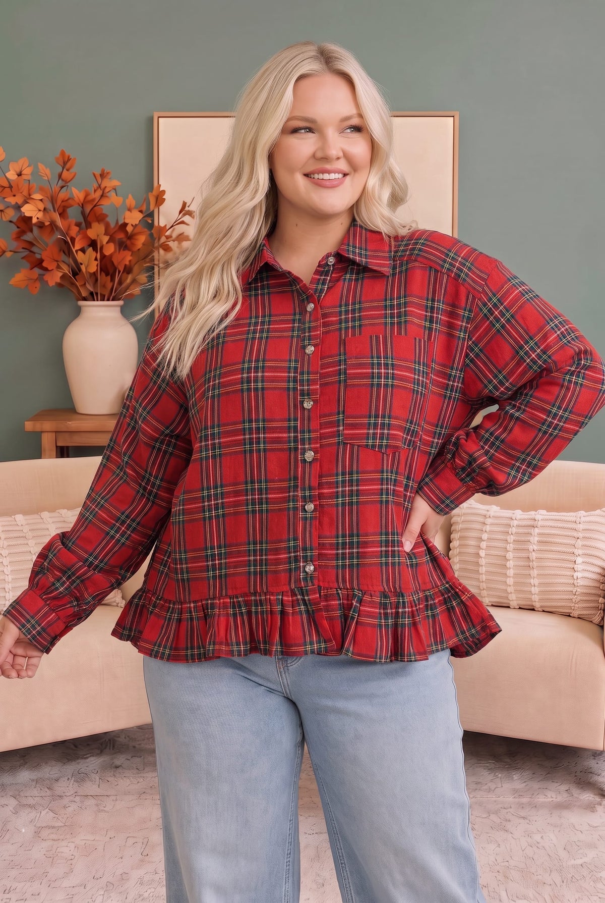 Haptics Ruffle the Rules Plaid Flannel Top in Red Tops