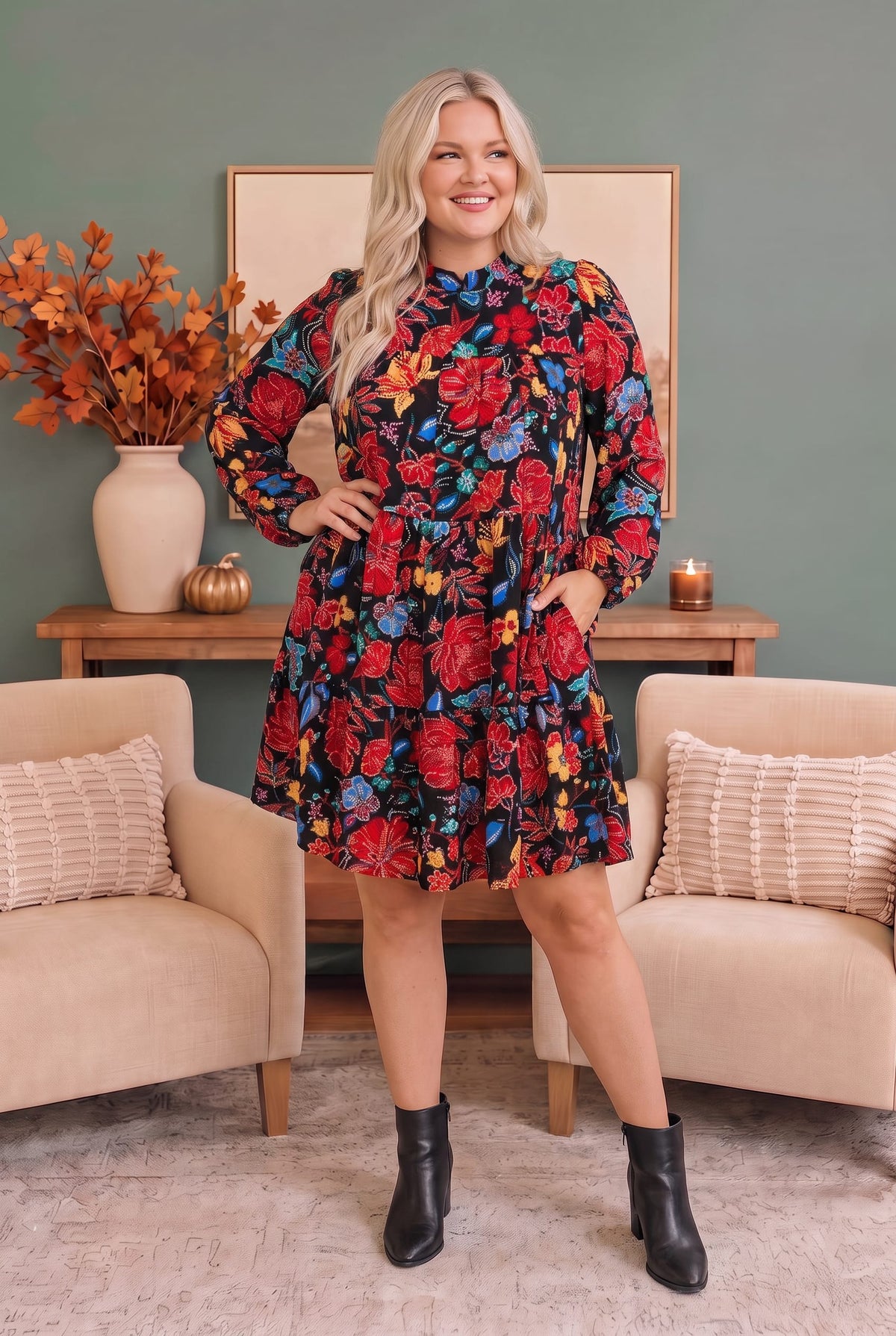Haptics Bold Blooms Long Sleeve Tiered Mini Dress Dresses