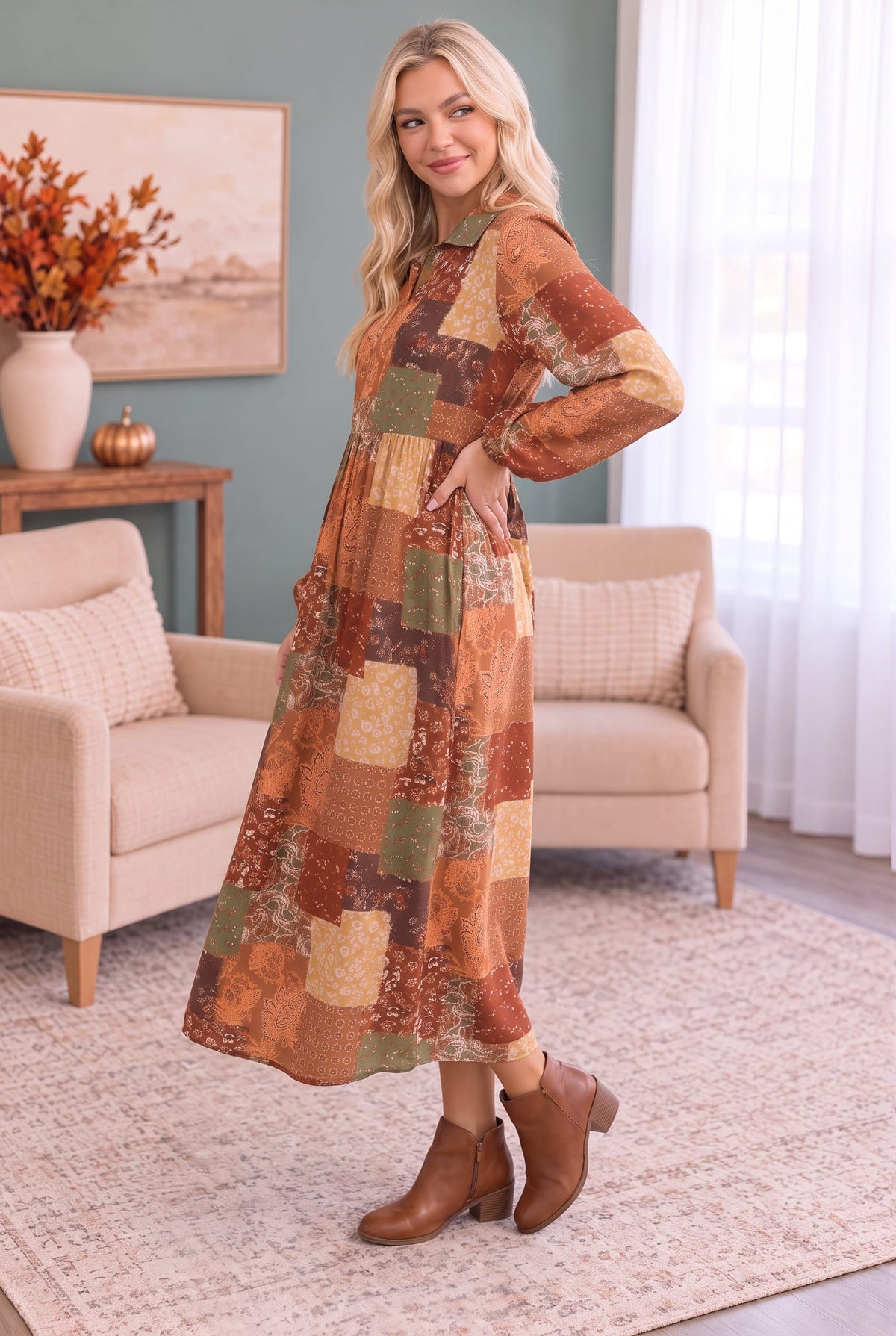 Haptics Patchwork Dreams Long Sleeve Midi Dress Dresses