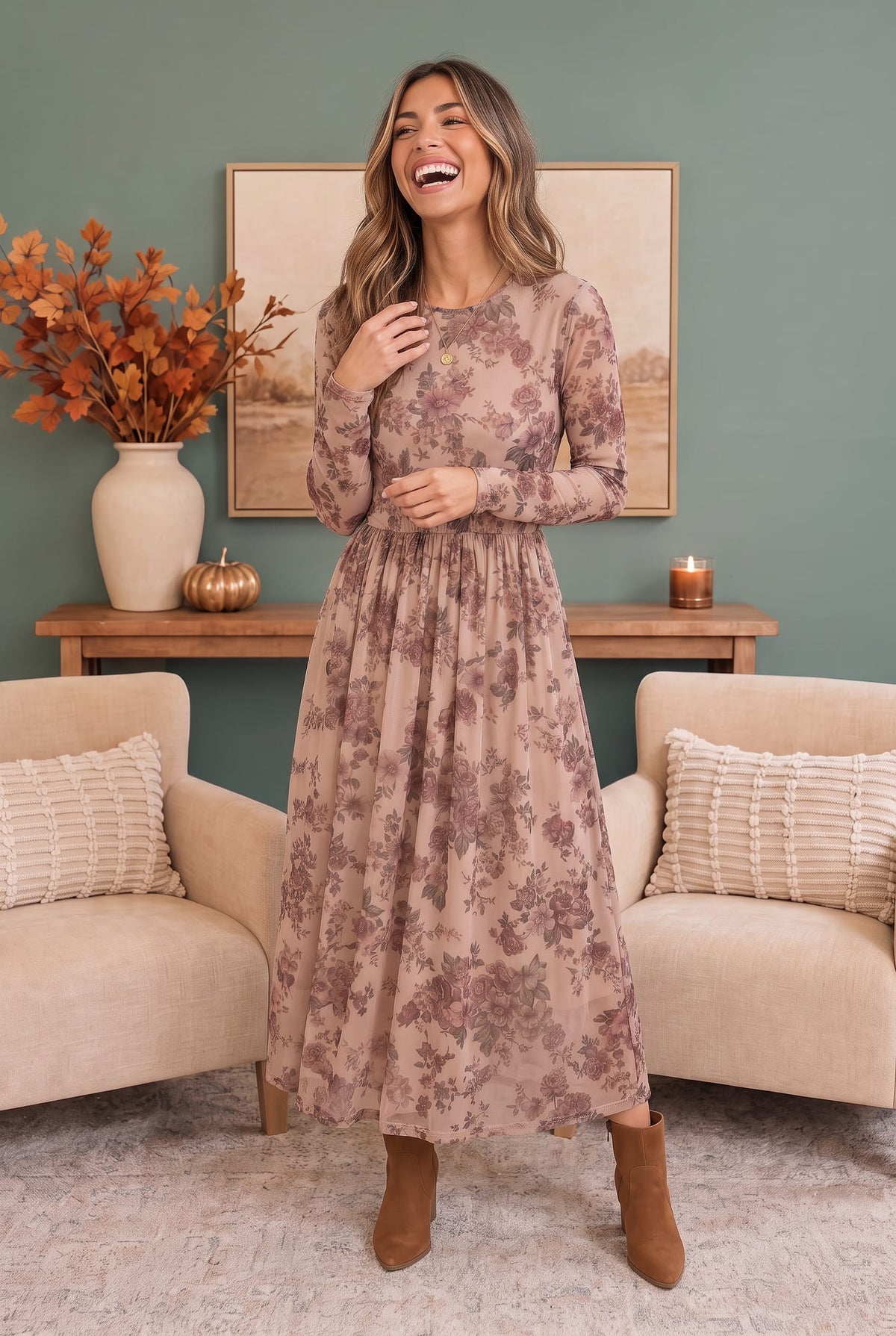Haptics Rosewood Dreams Floral Mesh Midi Dress Dresses