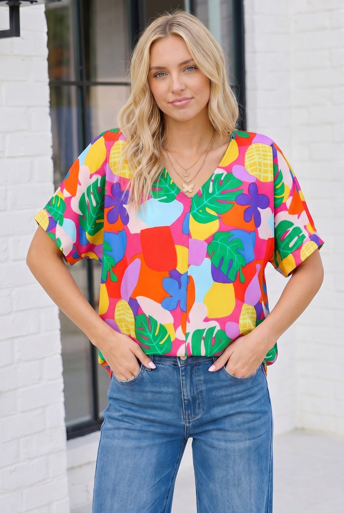 Haptics Tropical Pop Art V-Neck Woven Top