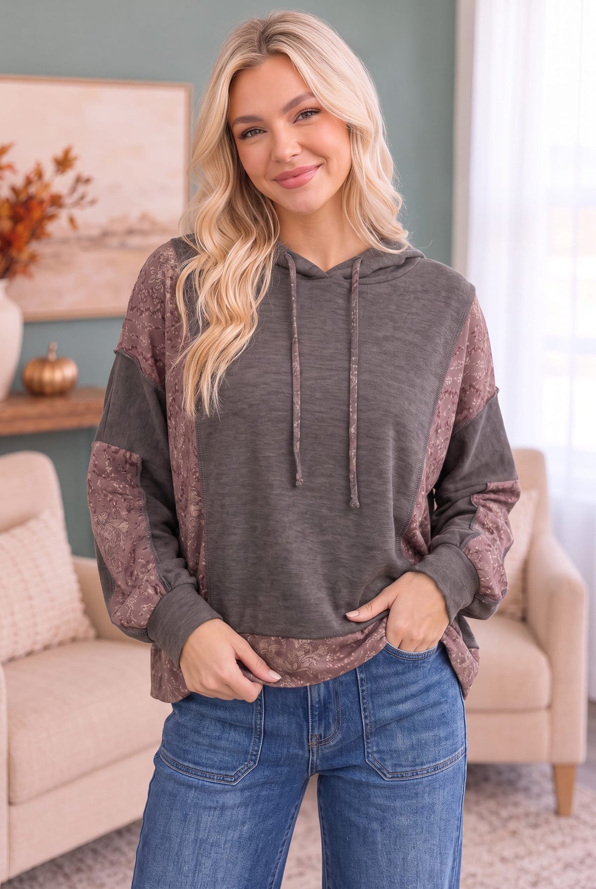 Haptics Mix and Match Patchwork Drawstring Hoodie Sweatshirts
