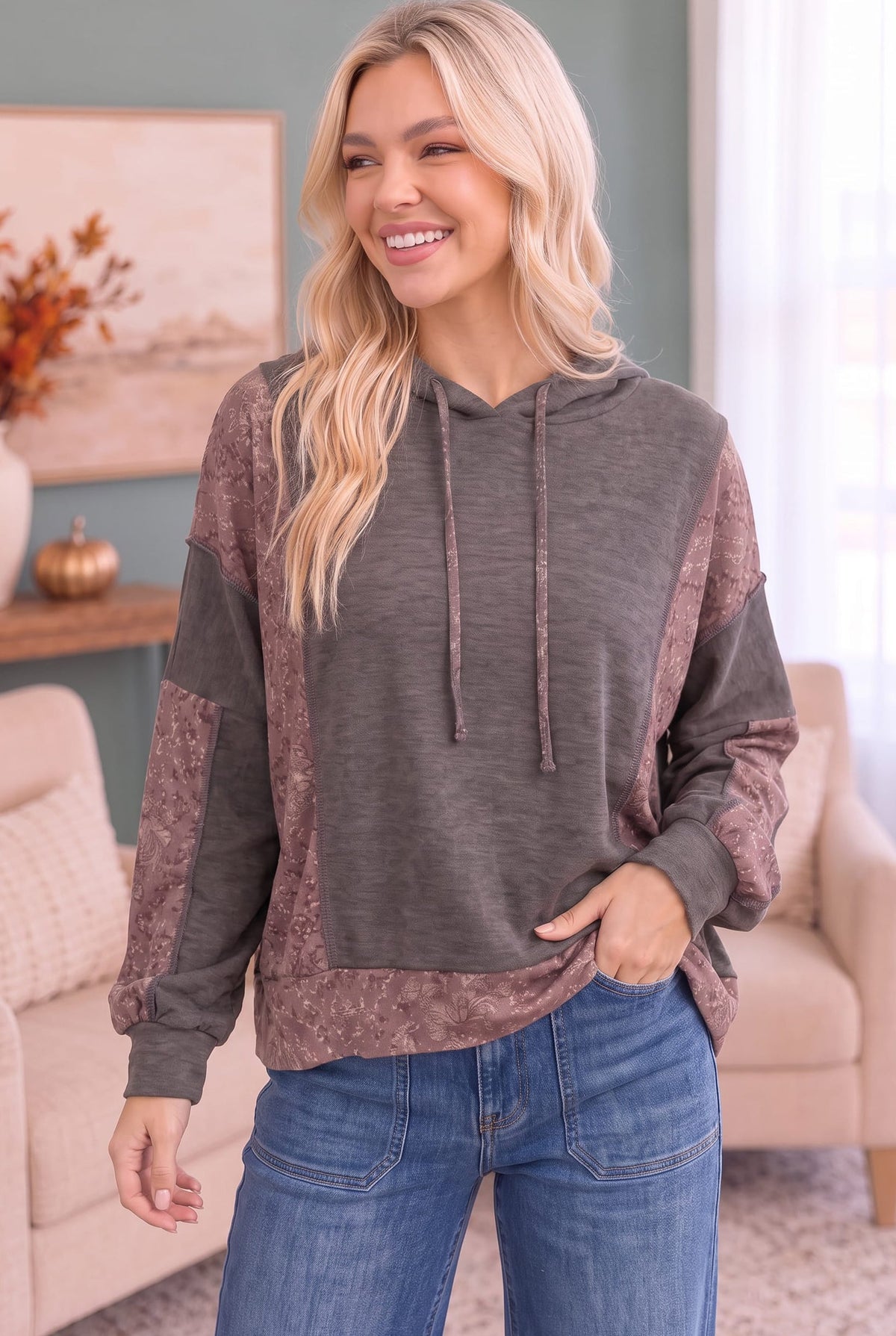 Haptics Mix and Match Patchwork Drawstring Hoodie Sweatshirts